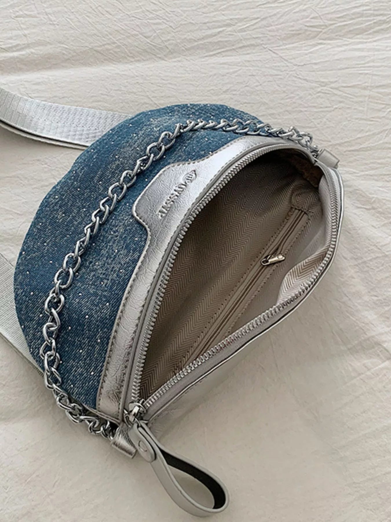Denim Chain Accent Crossbody Bag