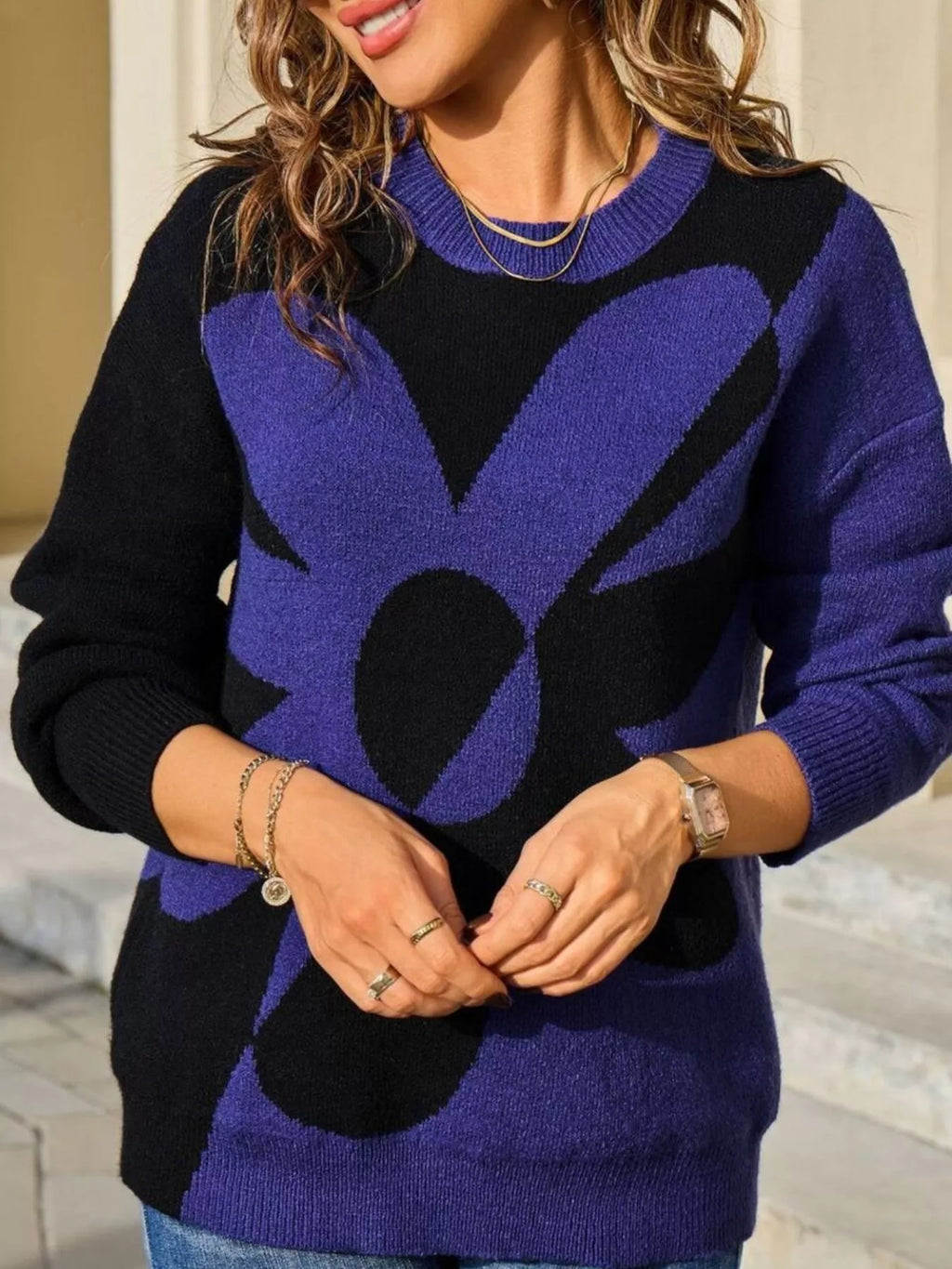 Floral Pattern Color Block Sweater
