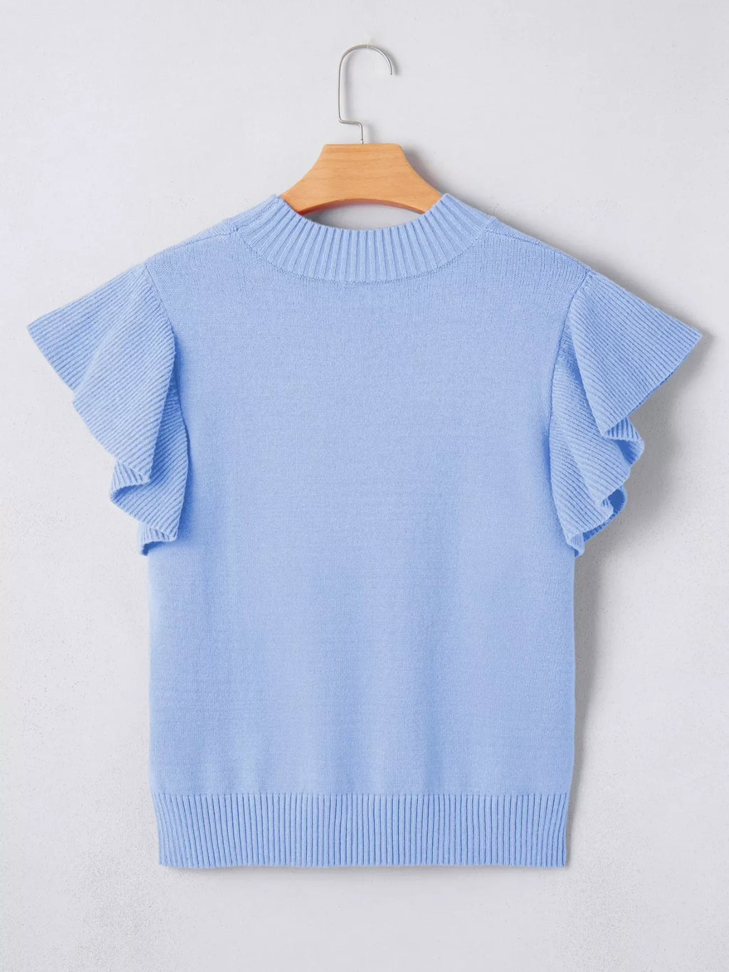 Solid Color Ribbed Trim Round Neck Ruffle Short Sleeve Sweater