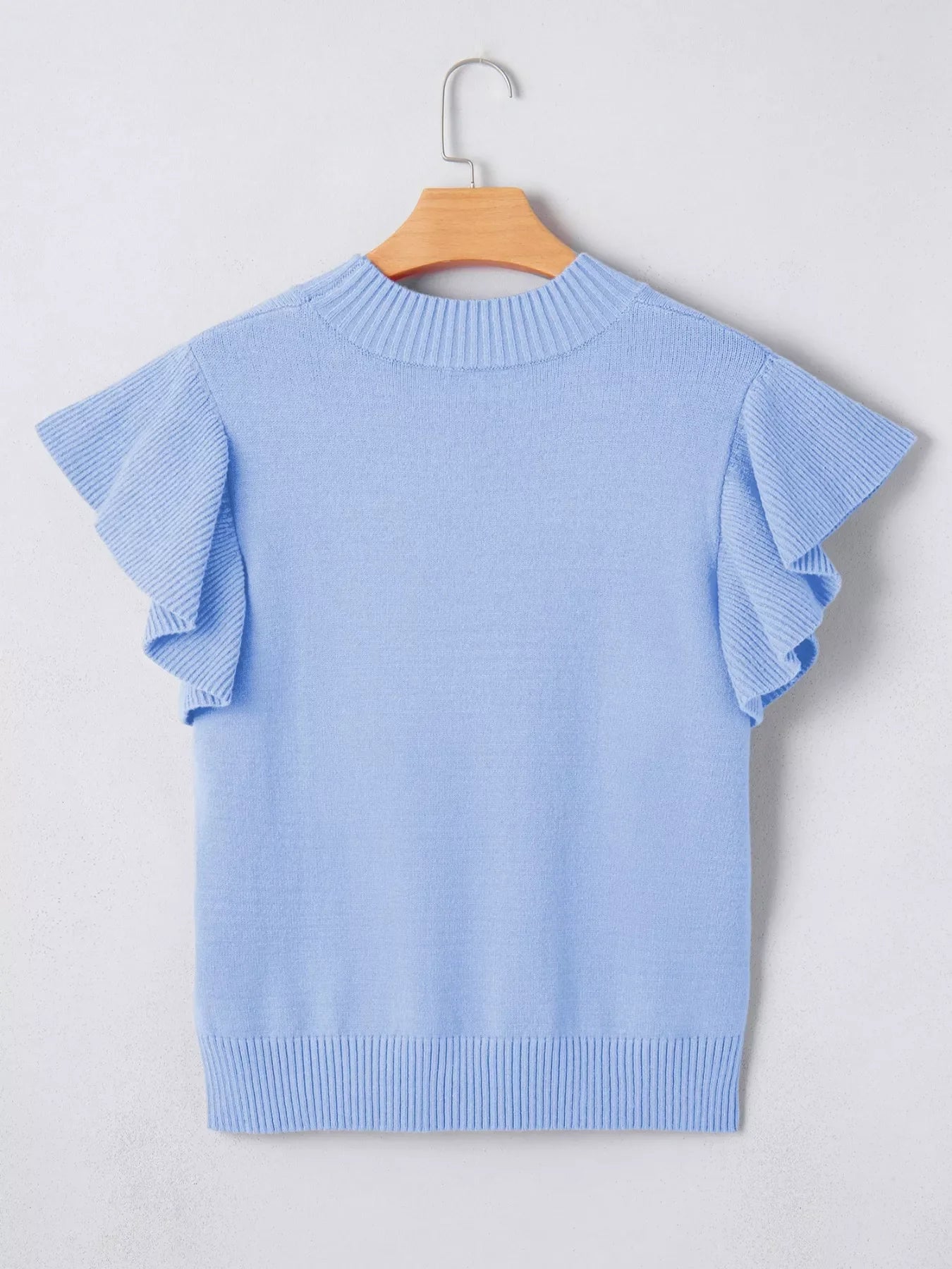 Solid Color Ribbed Trim Round Neck Ruffle Short Sleeve Sweater