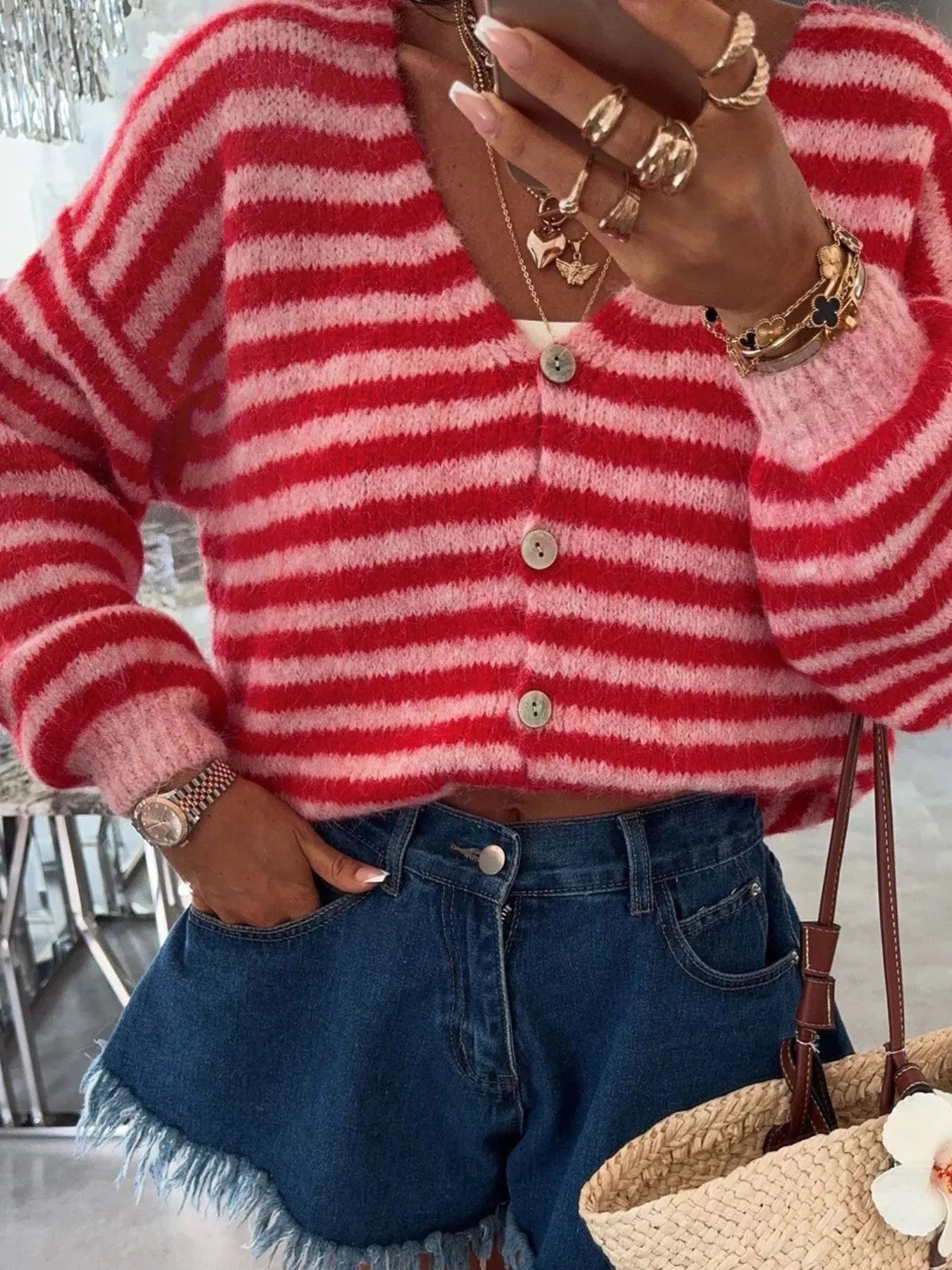 Striped Knit Button-Down Cardigan