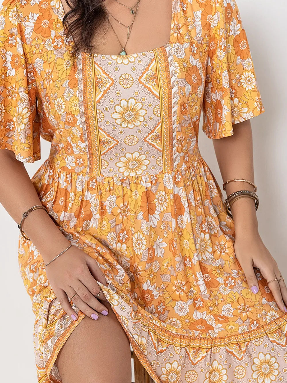 Plus Size Printed Square Neck Short Sleeve Dress