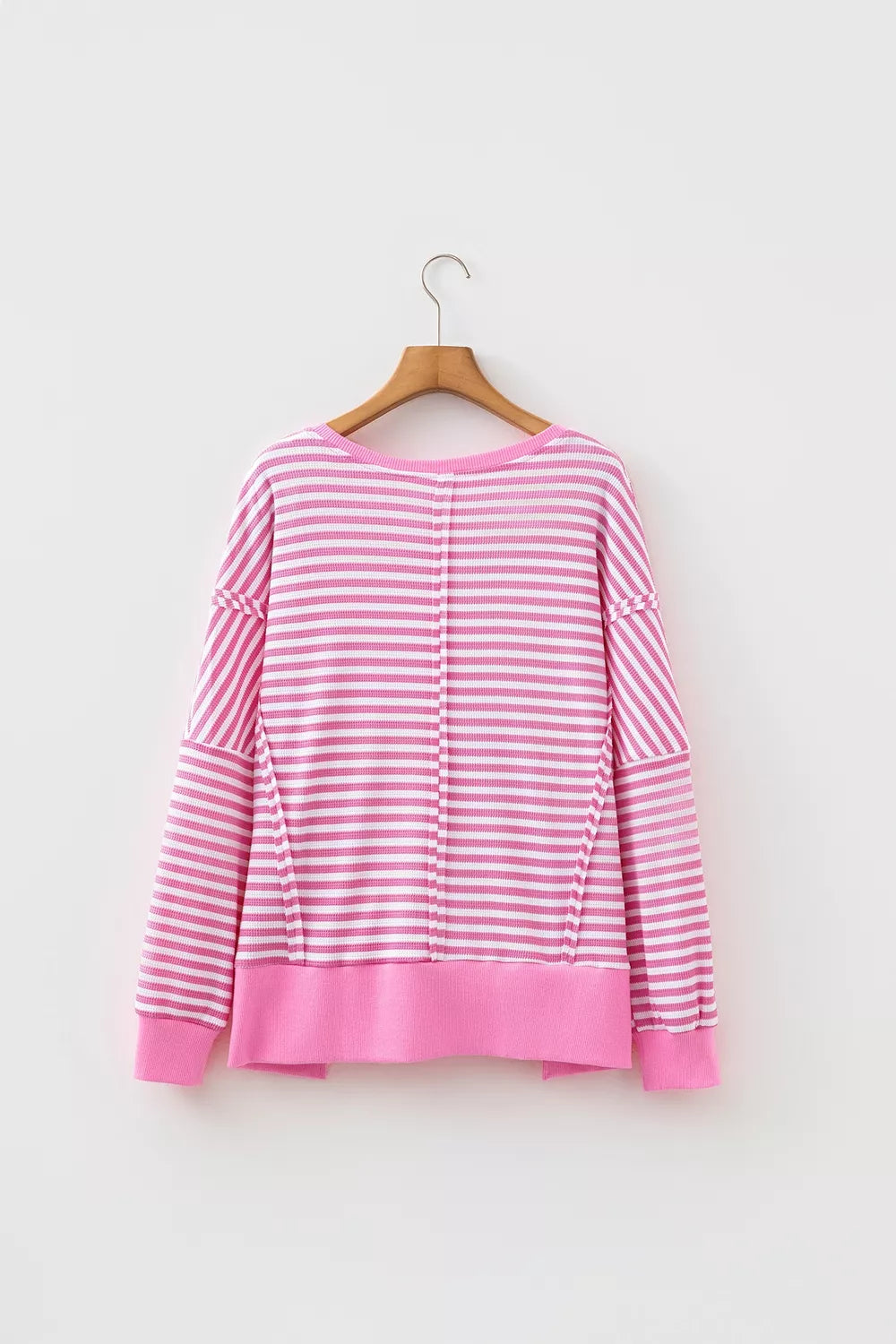 Stripe Textured Knit Color Block Trim Split Hem Long Sleeve Top