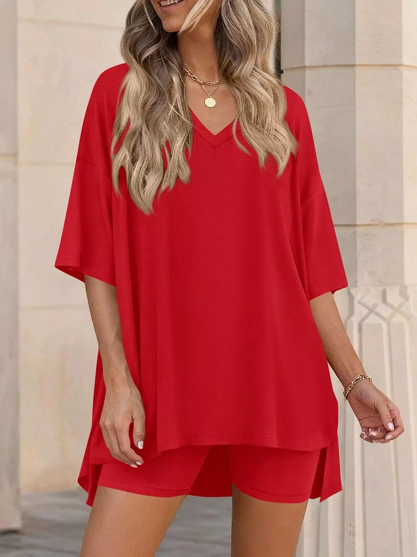 Full Size Casual Loose V-Neck T-Shirt & Shorts Set Plus Size