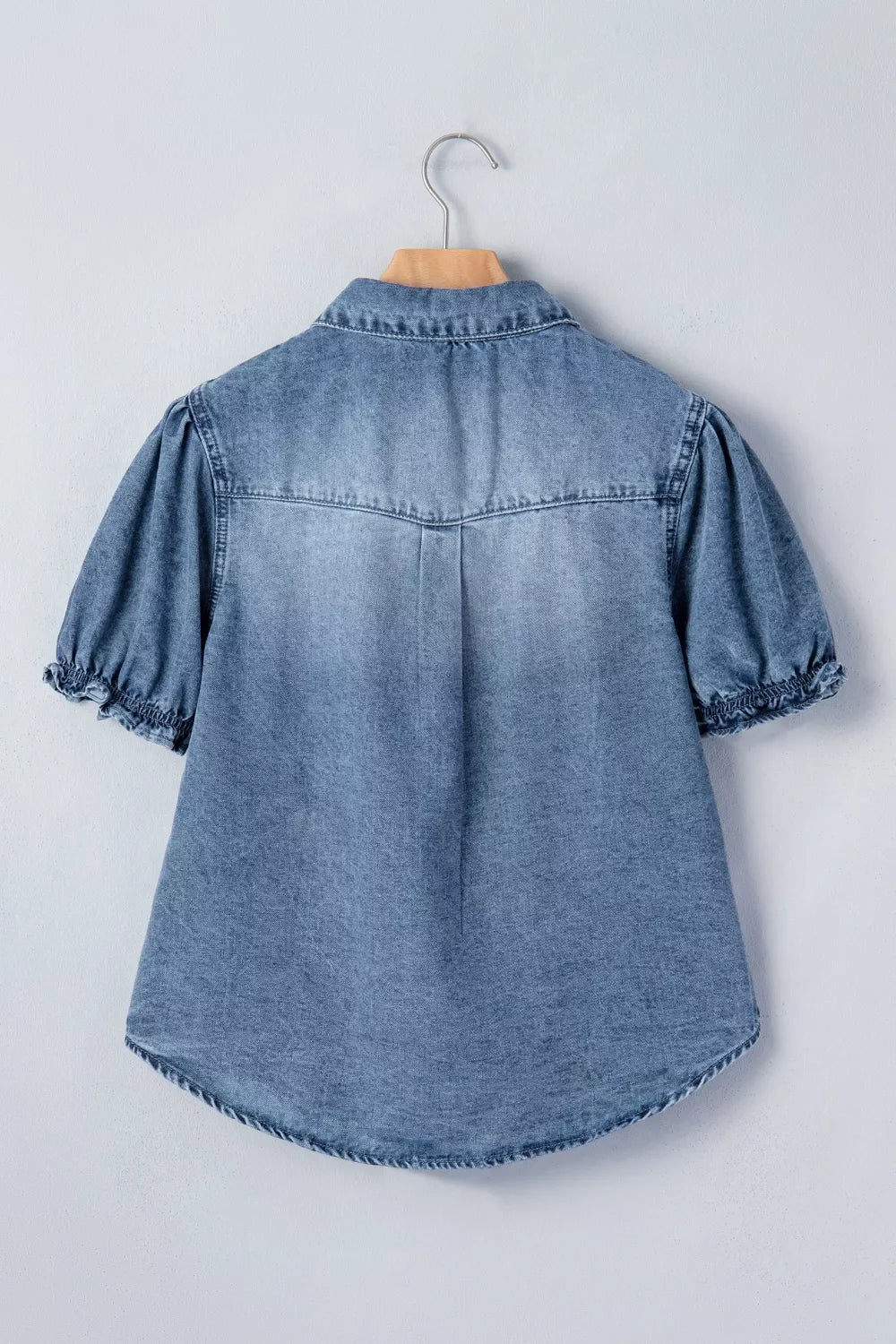 Frilled Short Sleeve Snap Button Denim Shirt