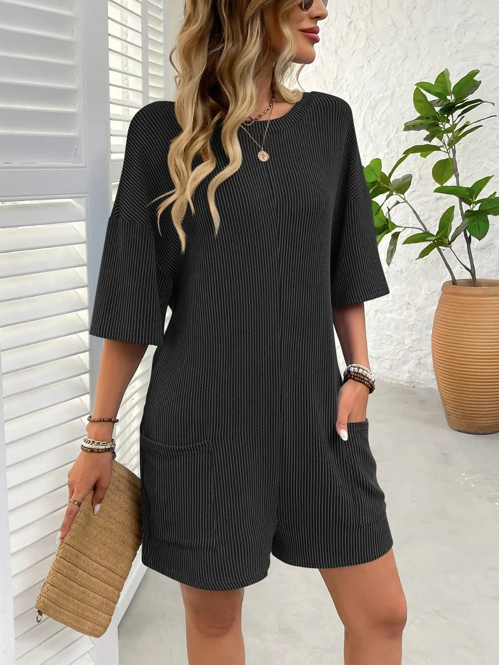 Backless Textured Round Neck Half Sleeve Romper