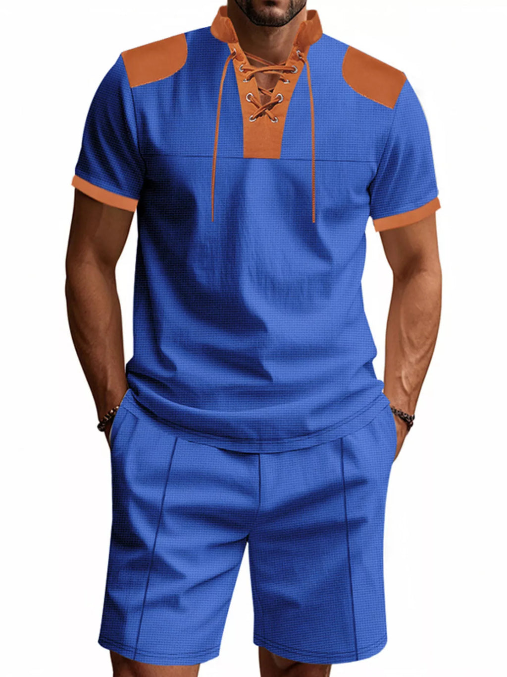 Men's Full Size Lace-Up Collar Casual Top and Shorts Set Plus Size