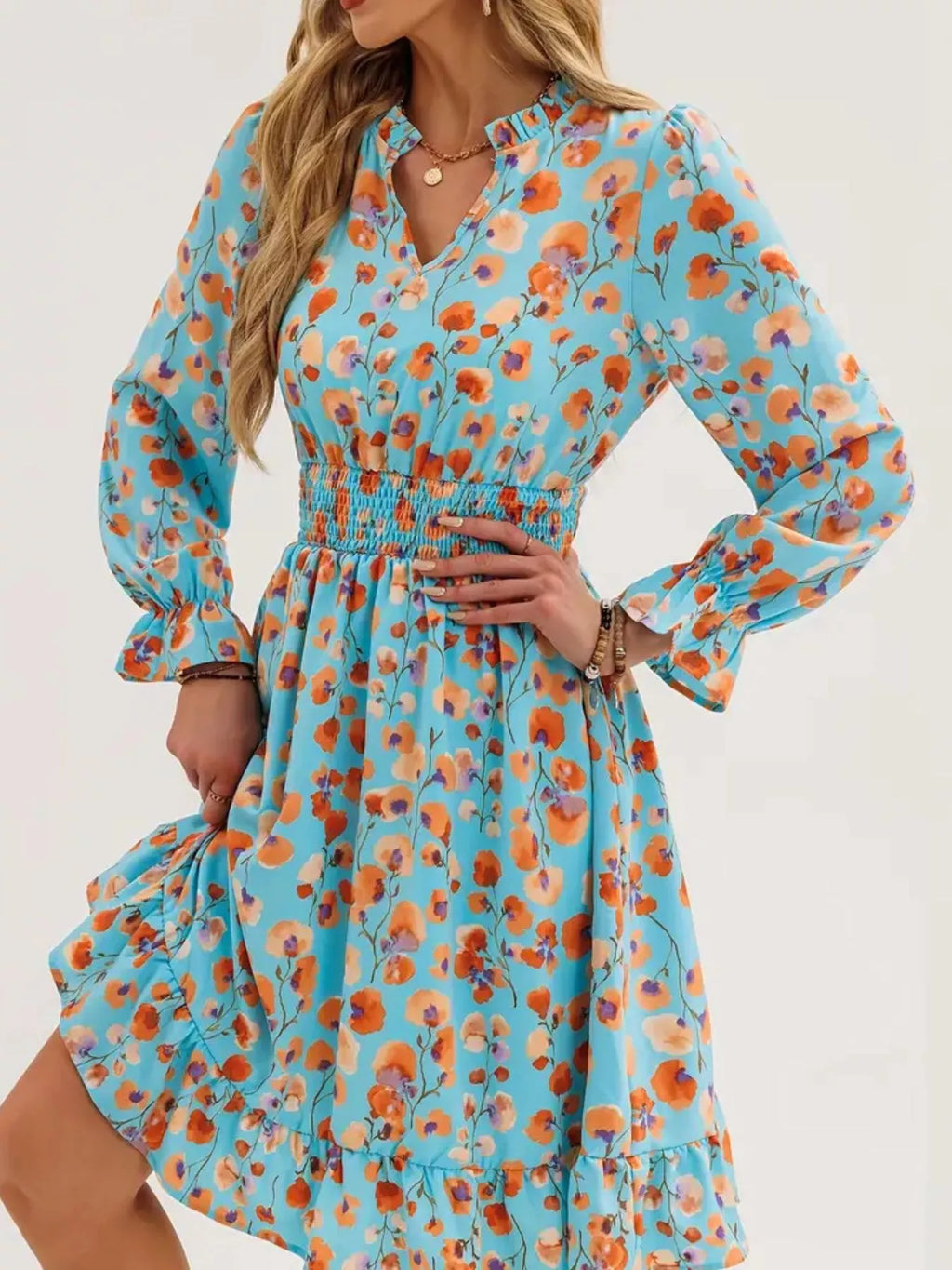 Floral Notched Flounce Sleeve Dress
