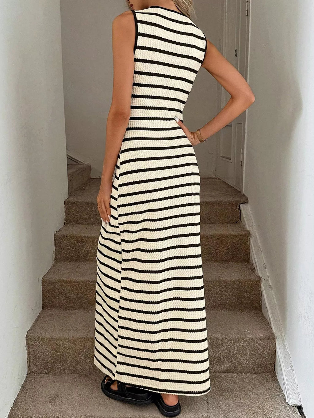 Striped Button-Front Sleeveless Slit Maxi Dress