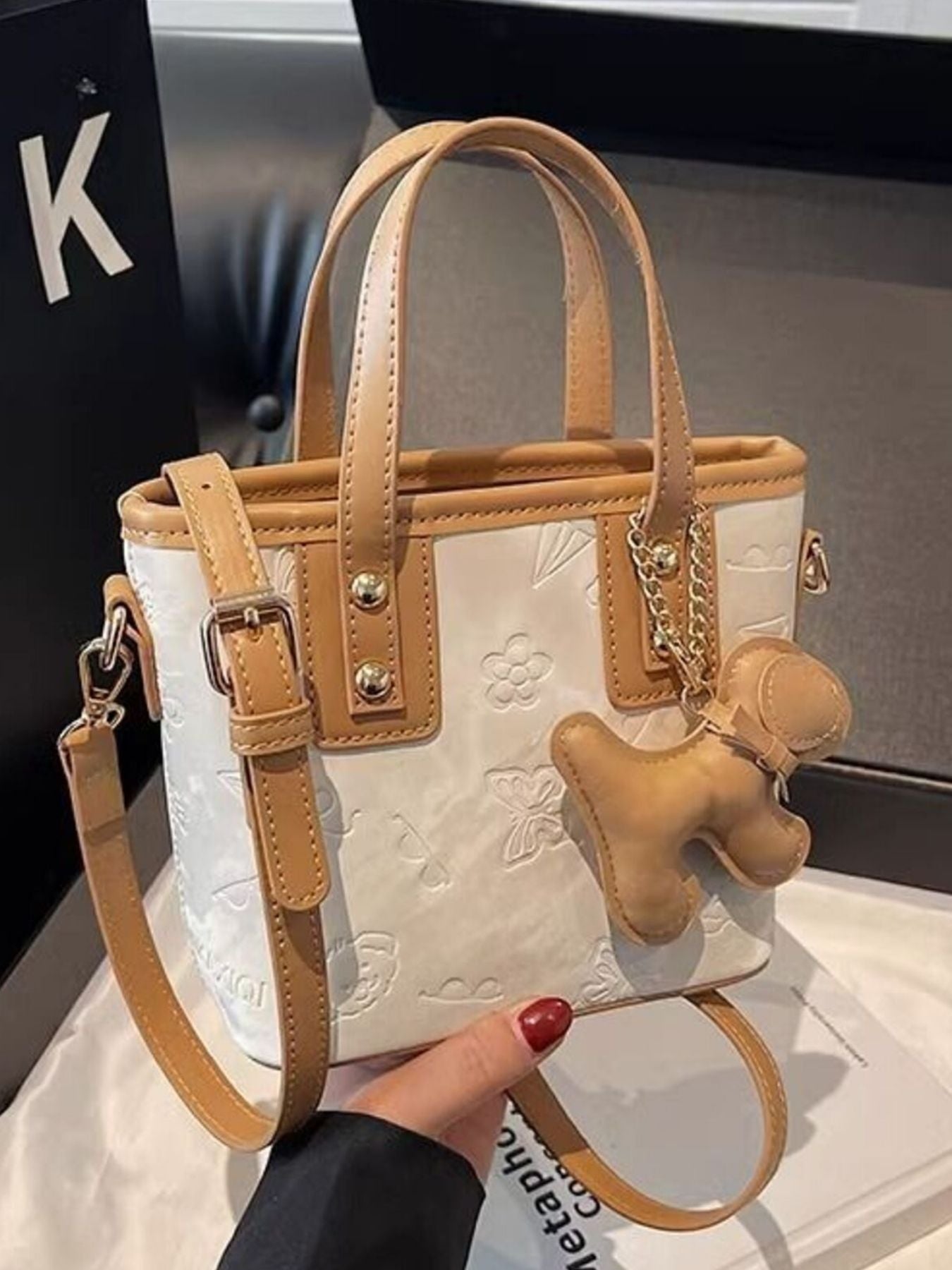 Embossed Pattern Crossbody Bag with Dog Charm