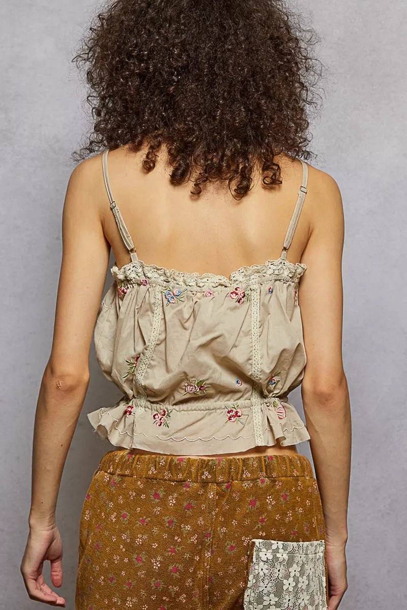 POL Button Down Floral Embroidered Cropped Cami with Lace Detail
