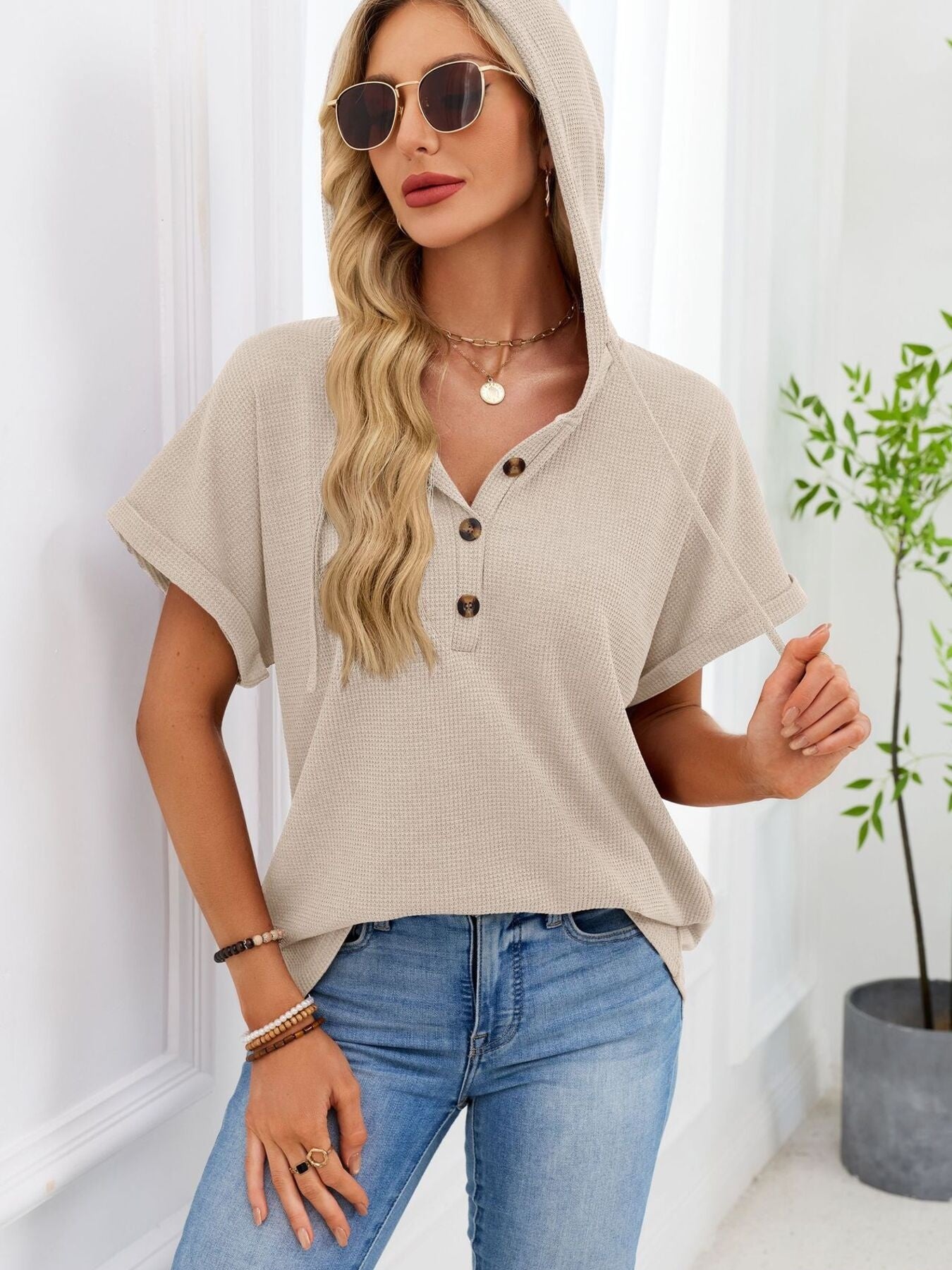 Casual Waffle Knit Button Detail Hooded Top