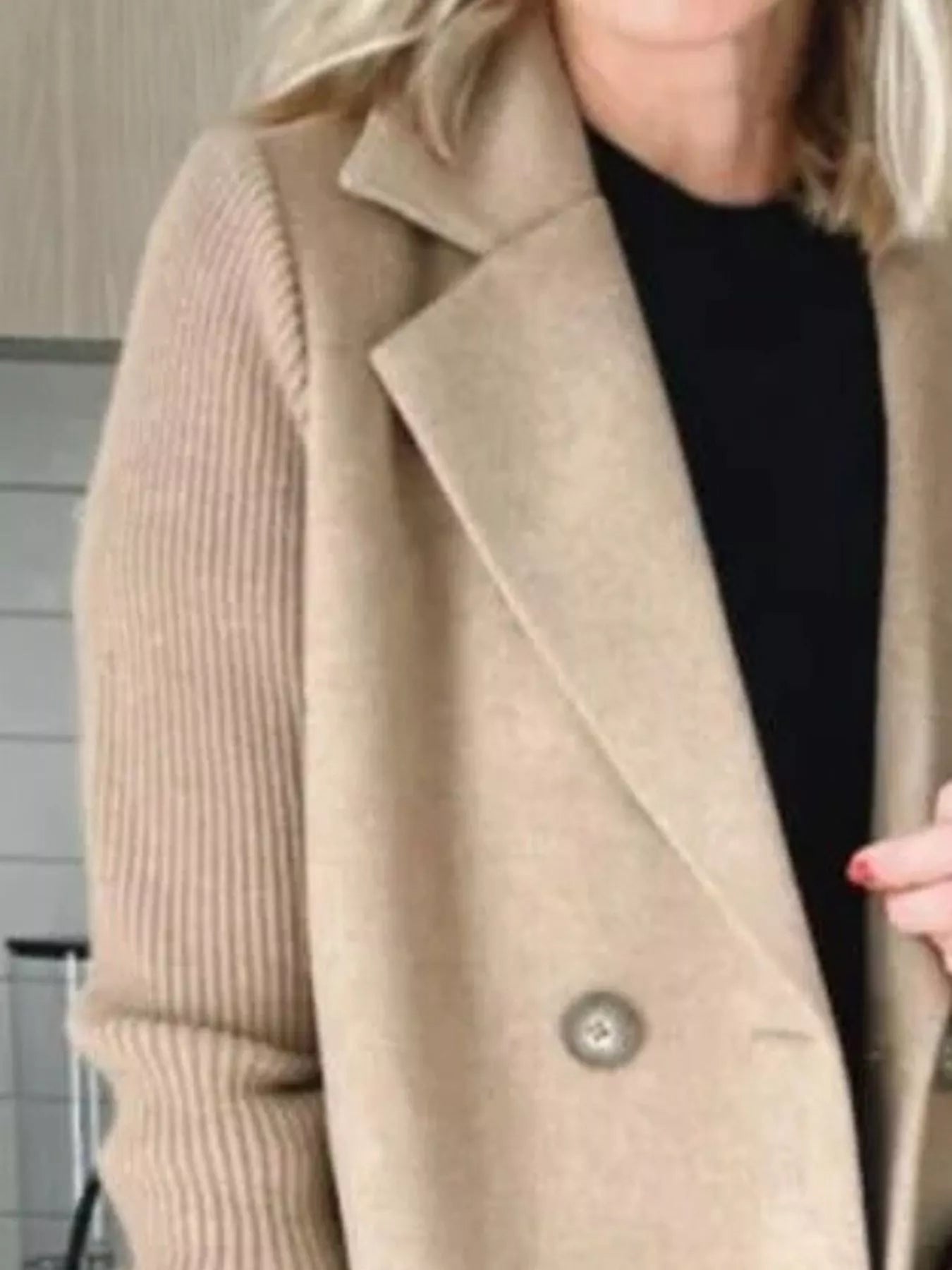 Full Size Knitted Sleeve Wool Blend Double-Breasted Blazer Plus Size