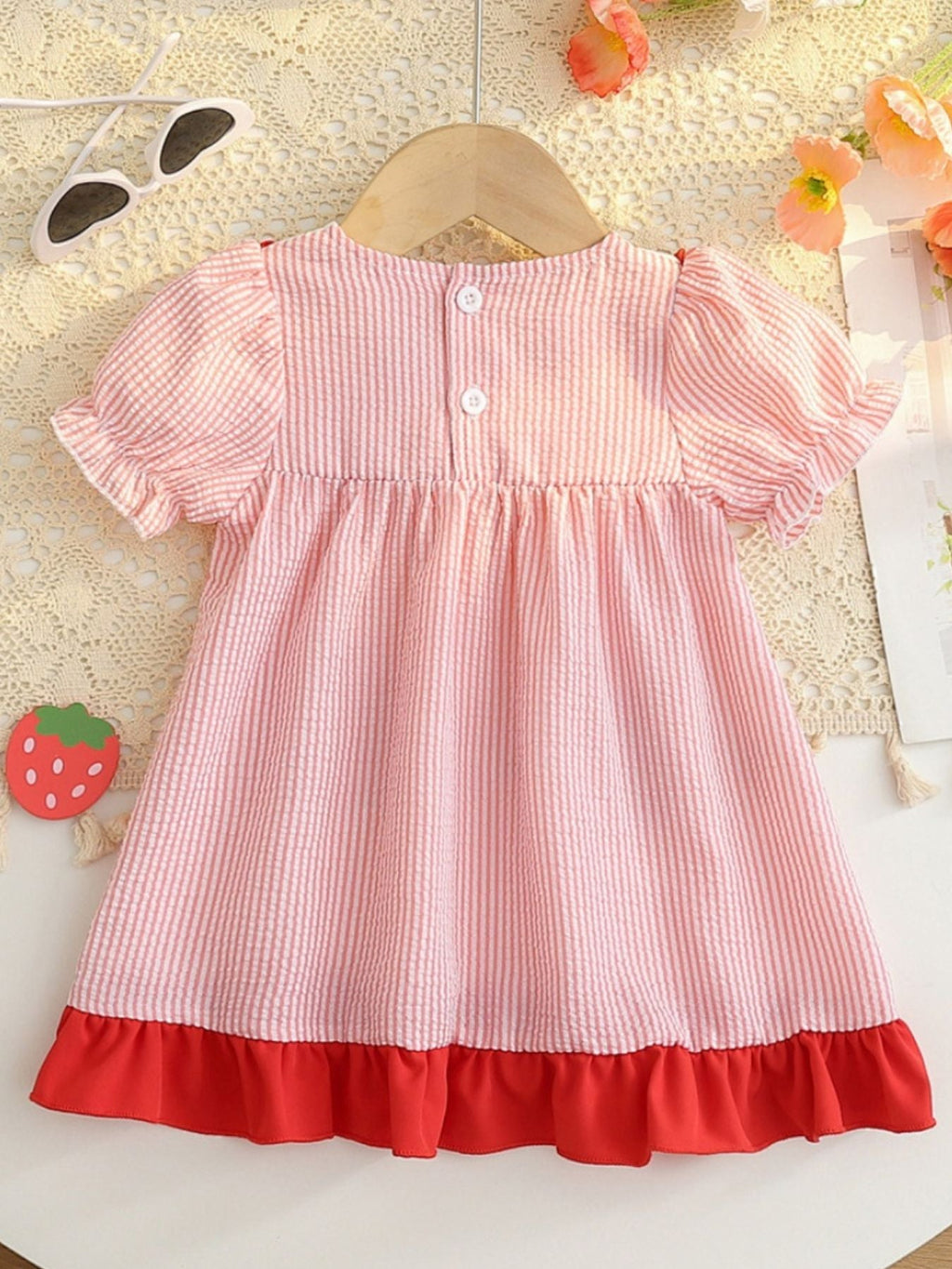 Children's Fruit Embroidered Striped Short Sleeve Dress