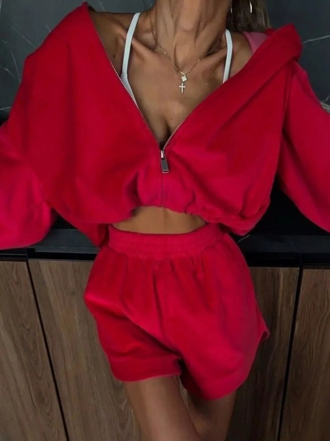 Long Sleeve Zip-Up Hoodie and Shorts Set