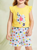 Children's Floral Ruffle Sleeve Top and Striped Shorts Set