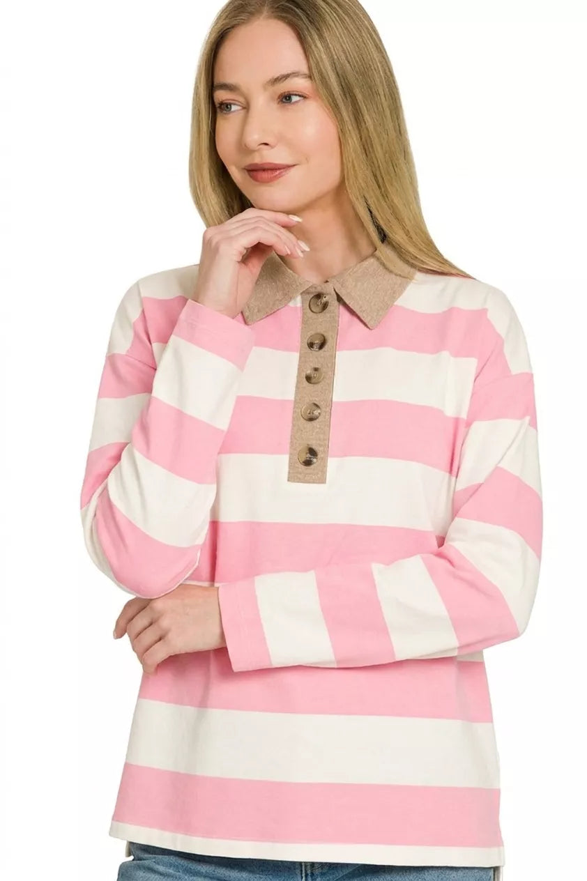Zenana Striped Contrast Collar Polo Top