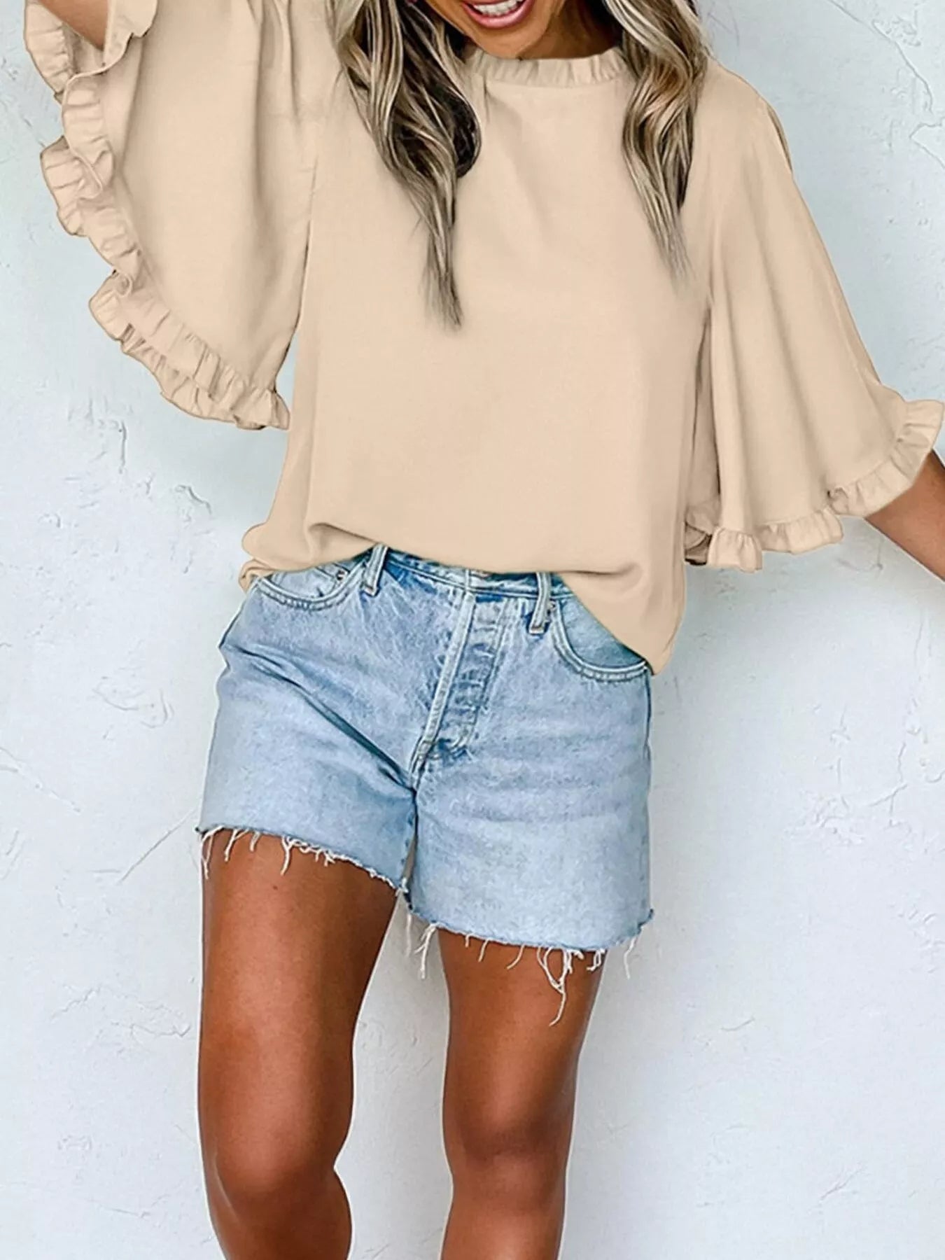 Ruffle Trim Half Sleeve Blouse