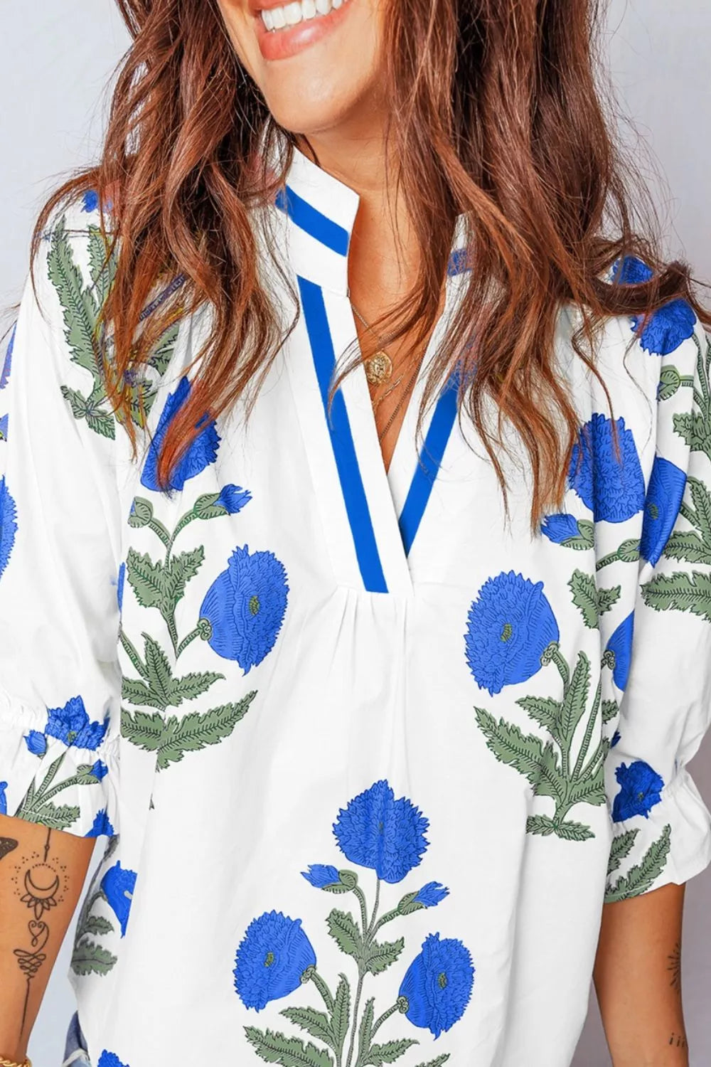Floral Print Notched Ruffled Sleeve Blouse