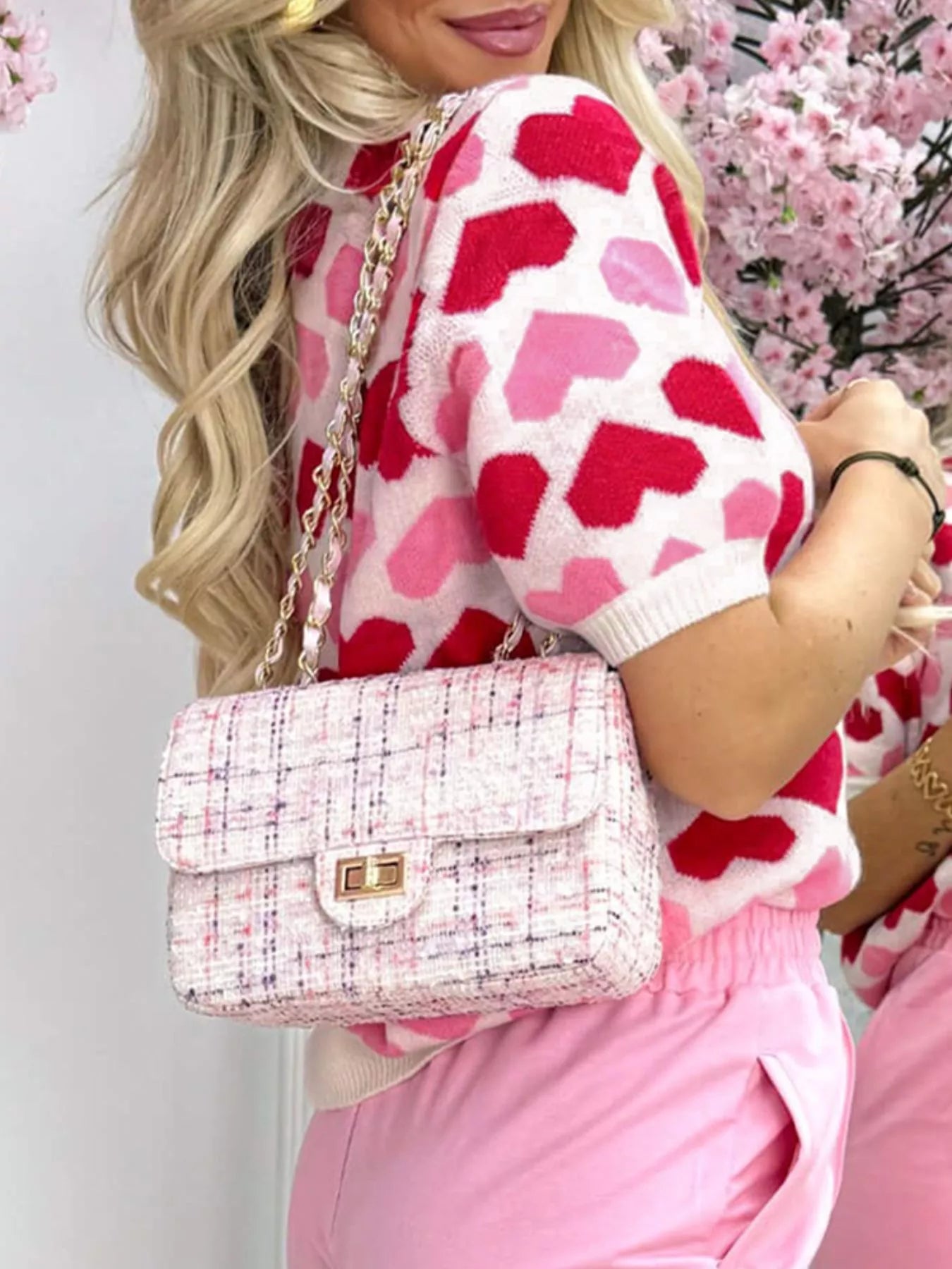 Heart Print Short Sleeve Sweater