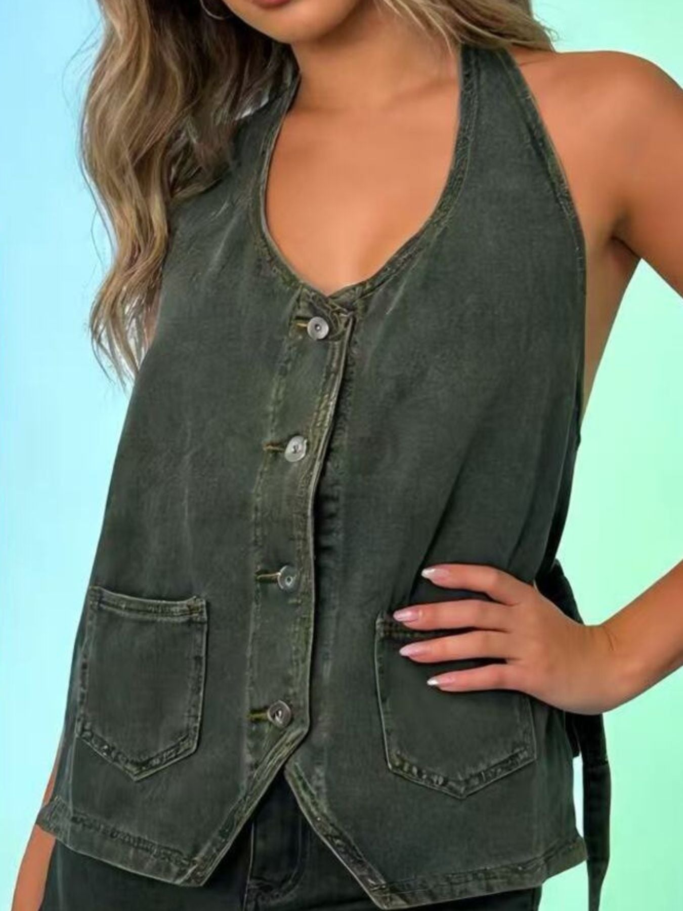 Halter Neck Button-Down Denim Vest