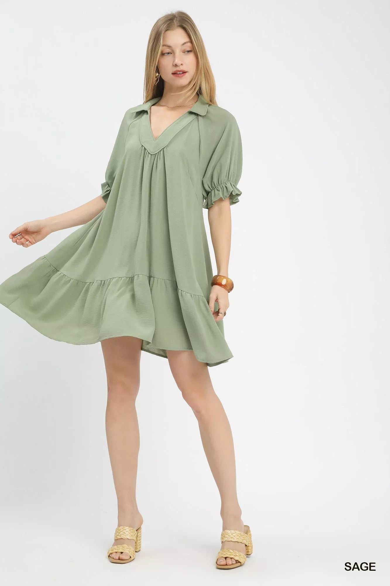 Umgee Tiered Puff Sleeve Babydoll Dress