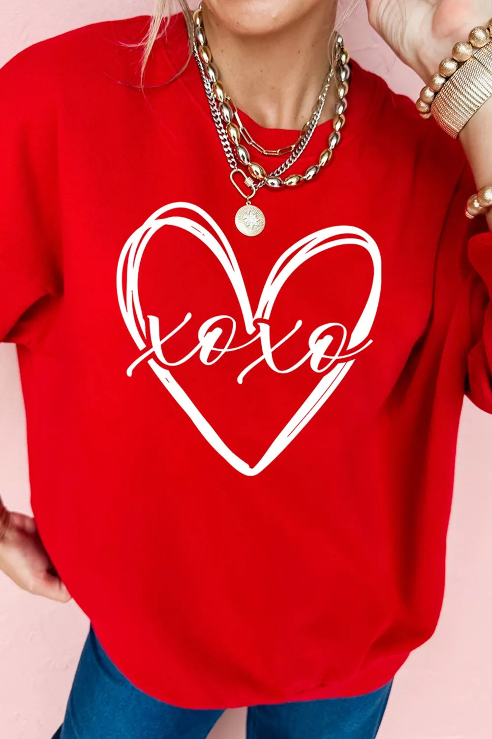 XOXO Valentines Heart Sketch Printed Pullover Sweatshirt