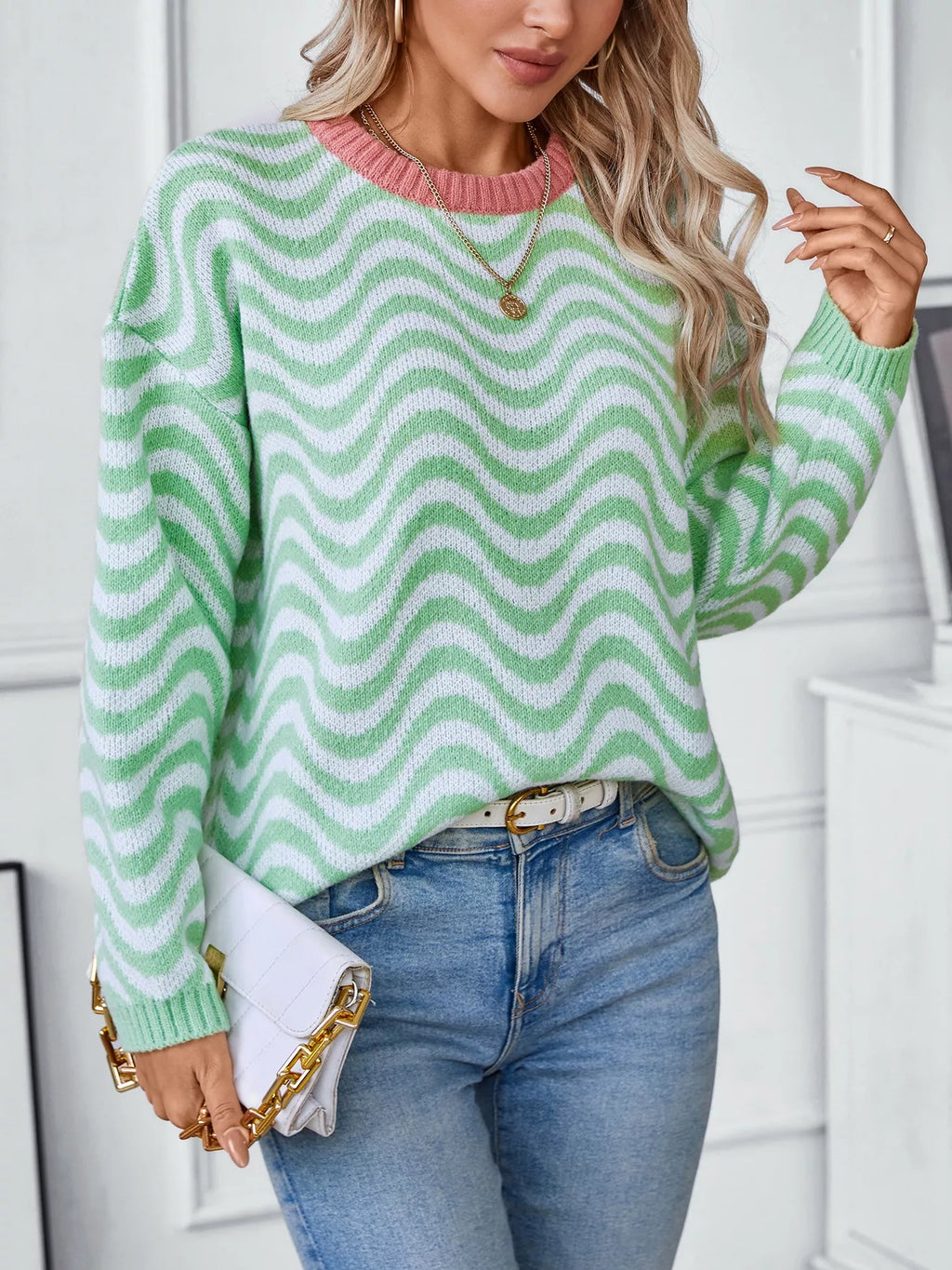 Wavy Striped Round Neck Sweater