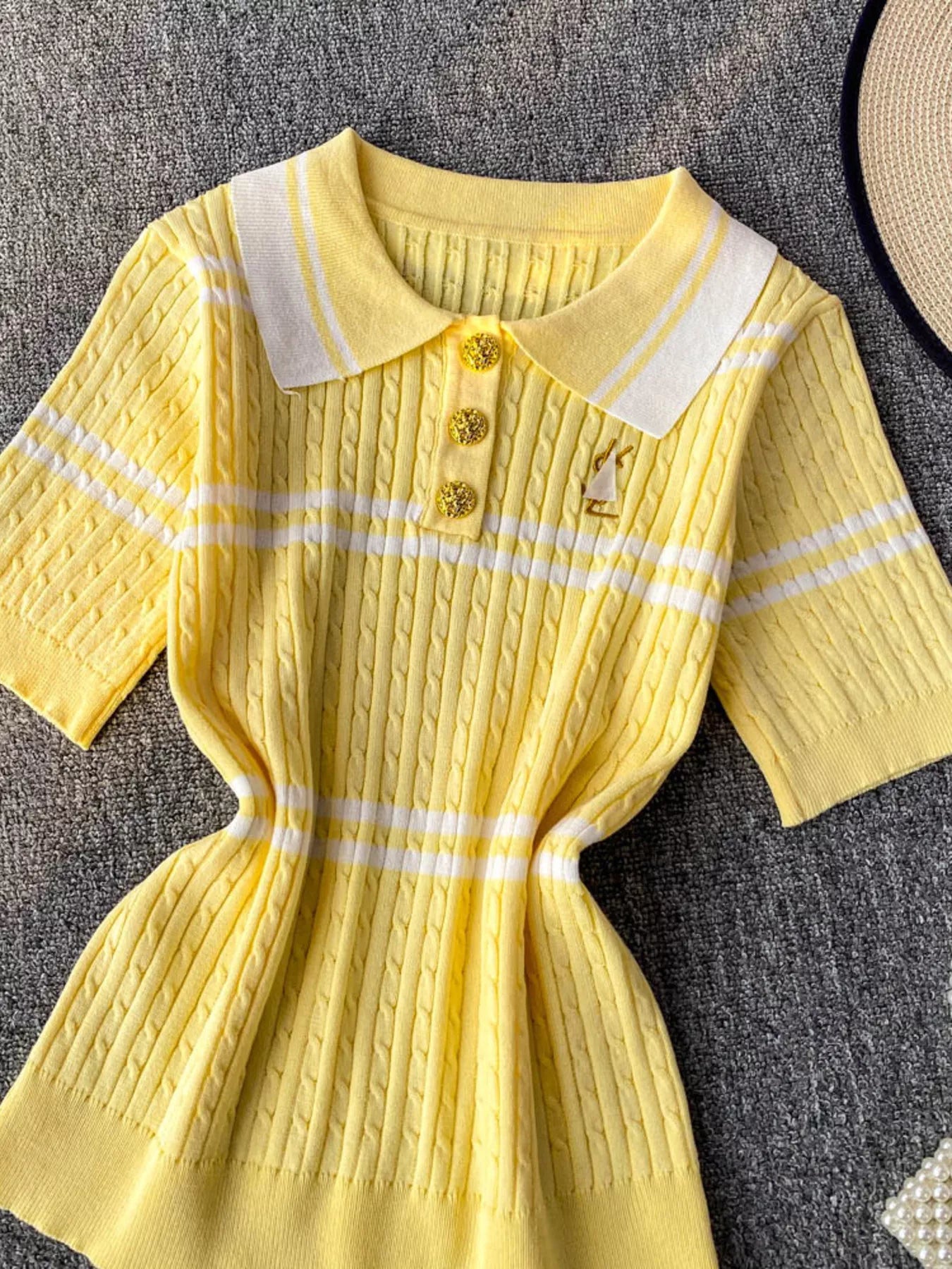 Striped Knit Polo Collar Top
