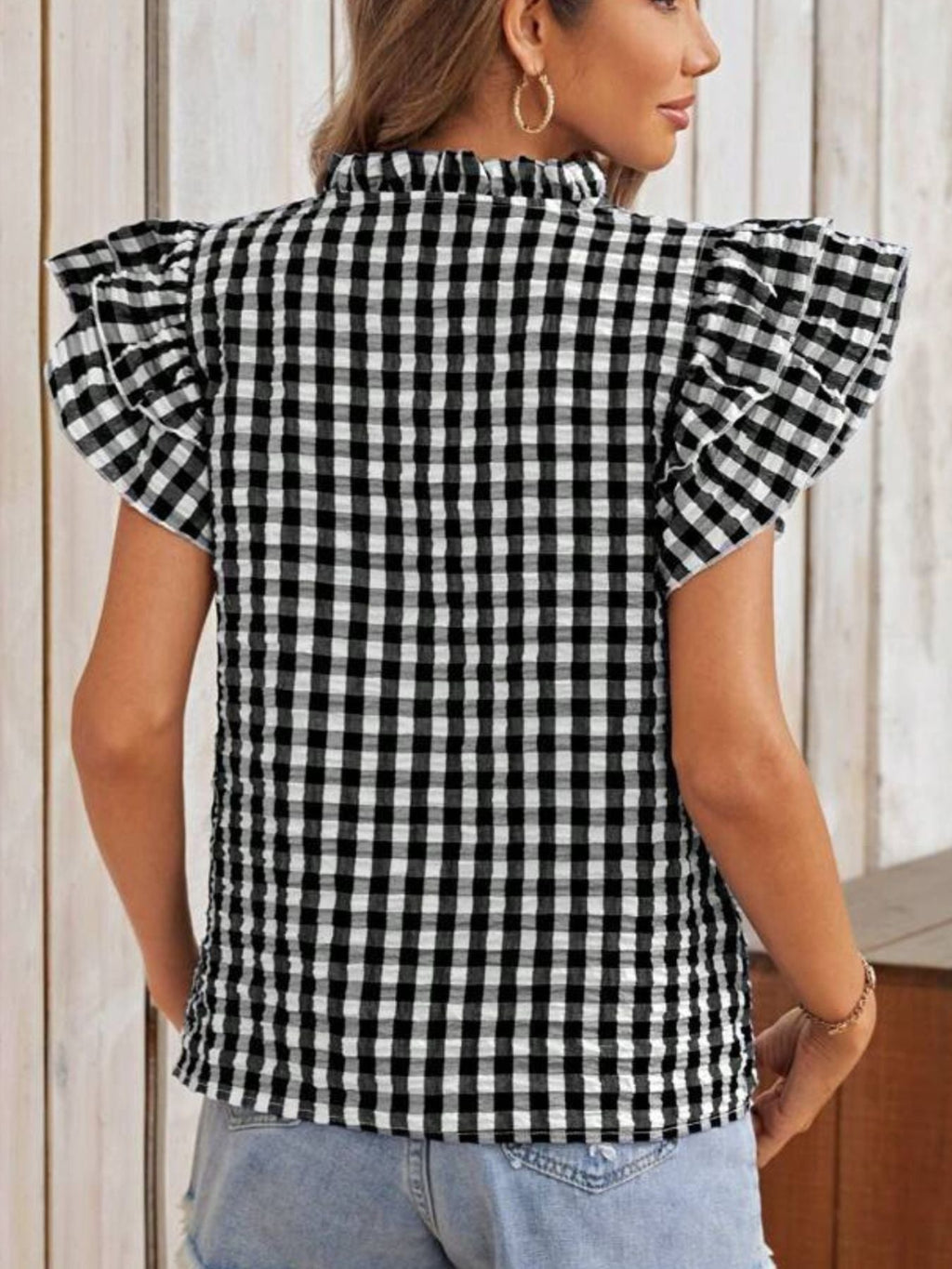 Gingham Ruffle Sleeve Blouse