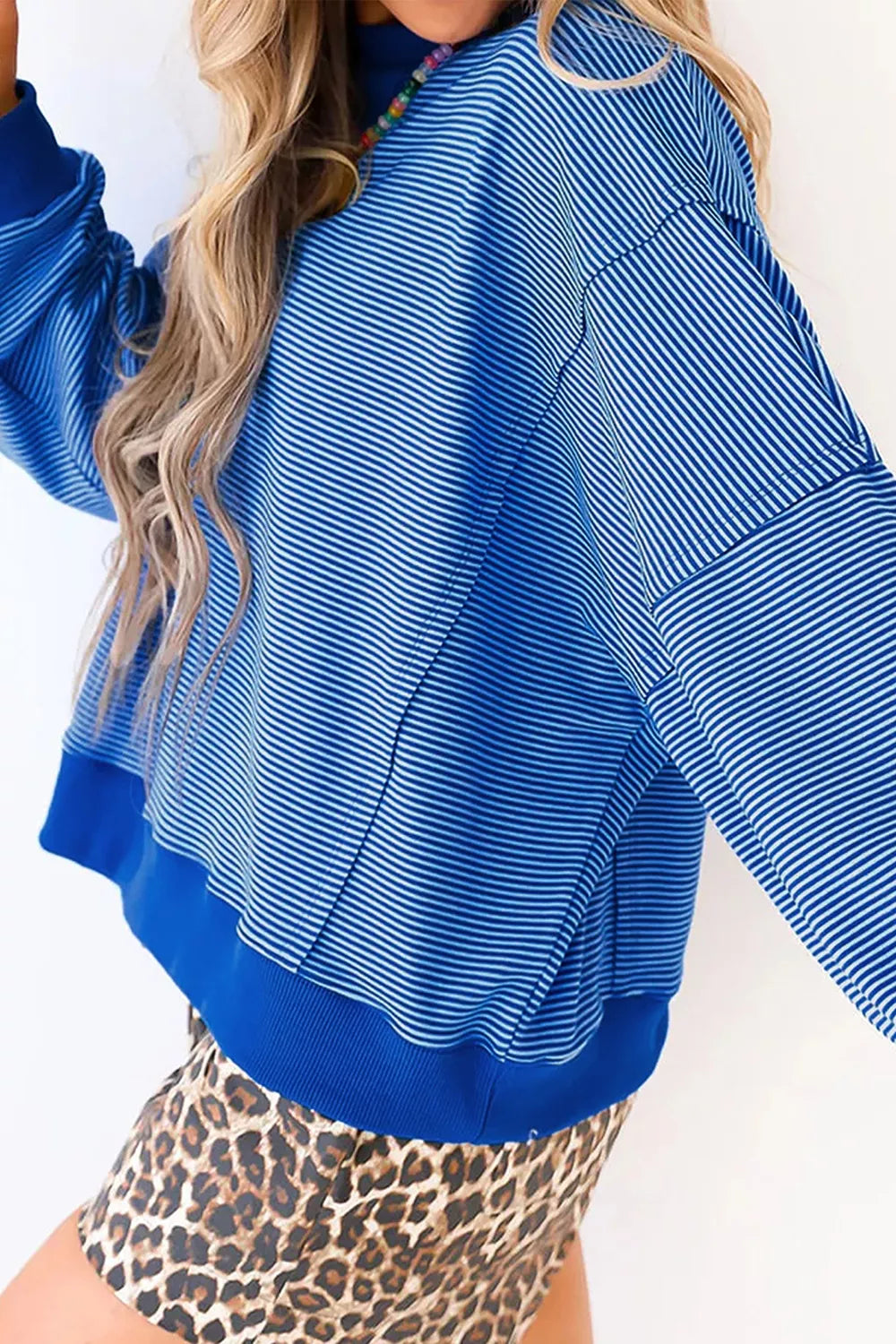 Stripe Ribbed Cuffs Hem Long Sleeve Pullover Top