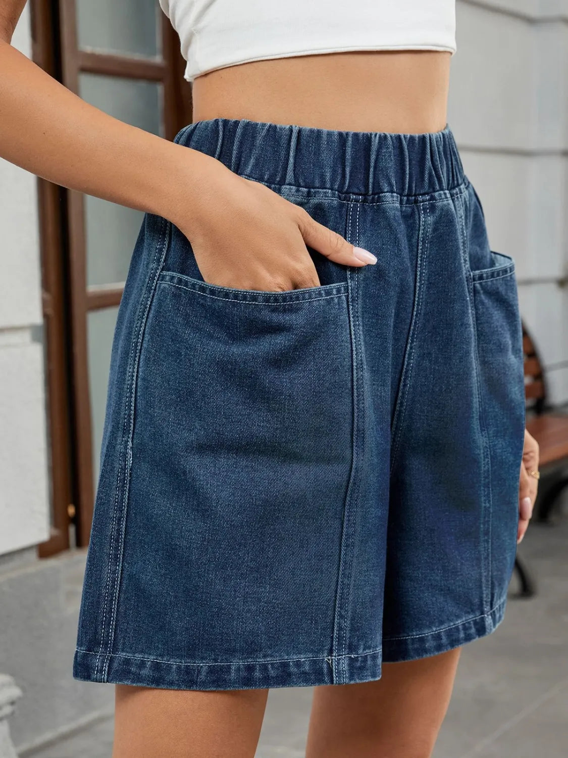 Elastic Waist Denim Shorts