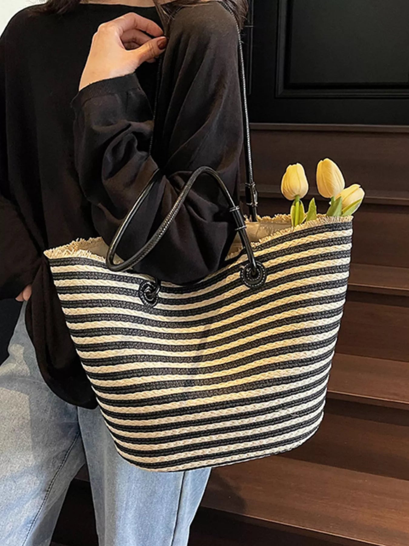 Striped Woven Straw Shoulder Bag