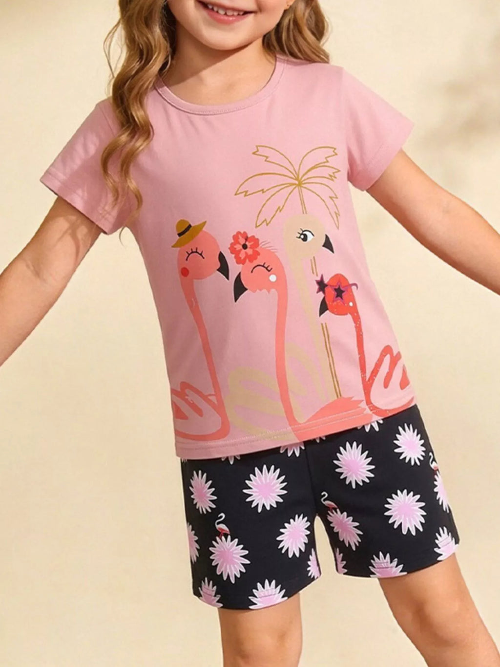 Children's Flamingo Print Tee and Shorts Set