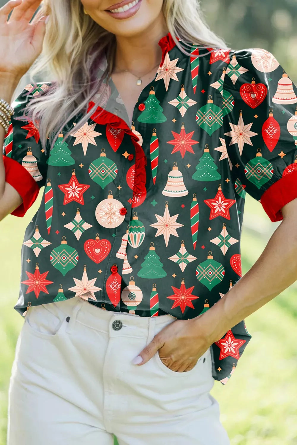 Christmas Print Button Up Shirt