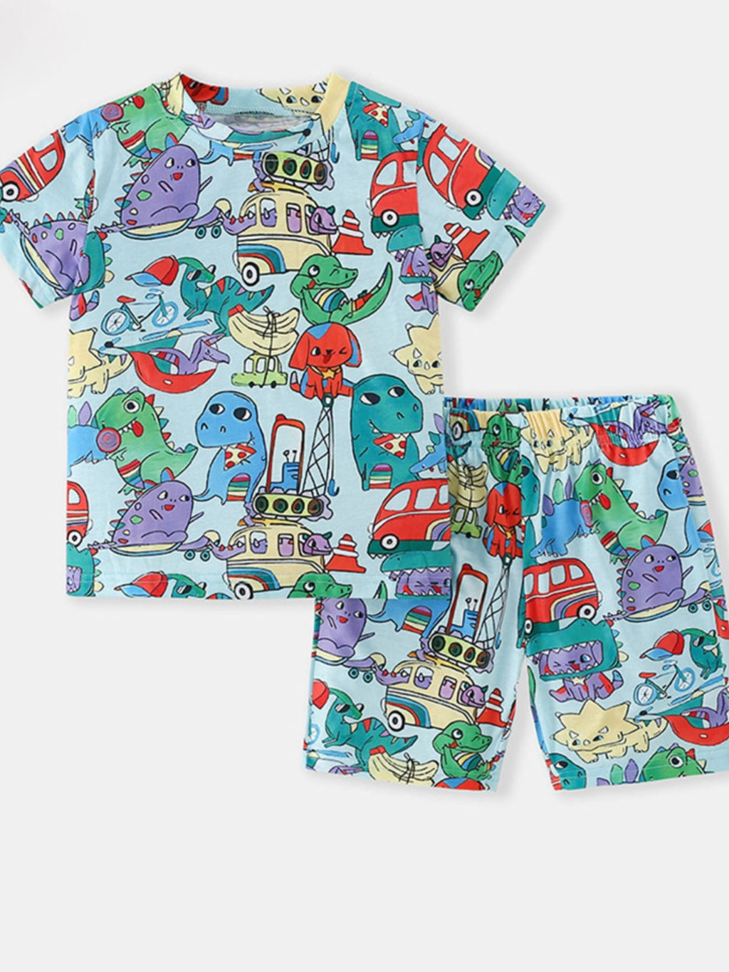 Children's Cartoon Dinosaur Print Tee and Shorts Set