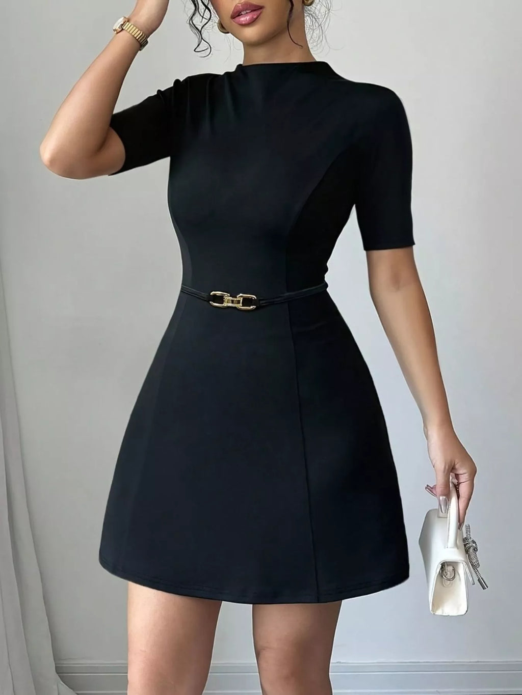 Mock Neck Short Sleeve Mini Dress