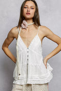 POL Button Front V-Neck Ruffled Cami with Pintuck Accents