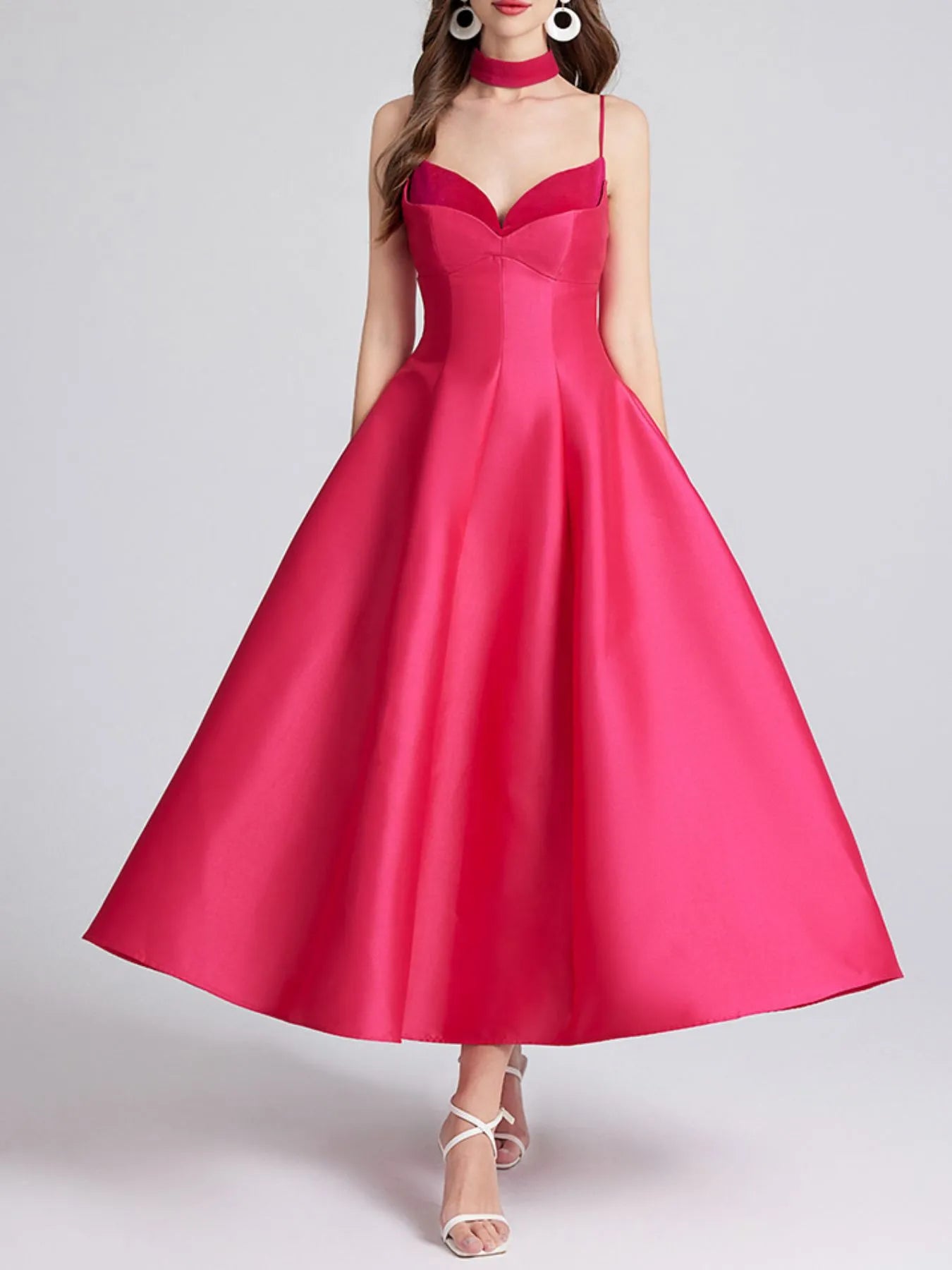 Sweetheart Spaghetti Strap Midi Dress with Collar