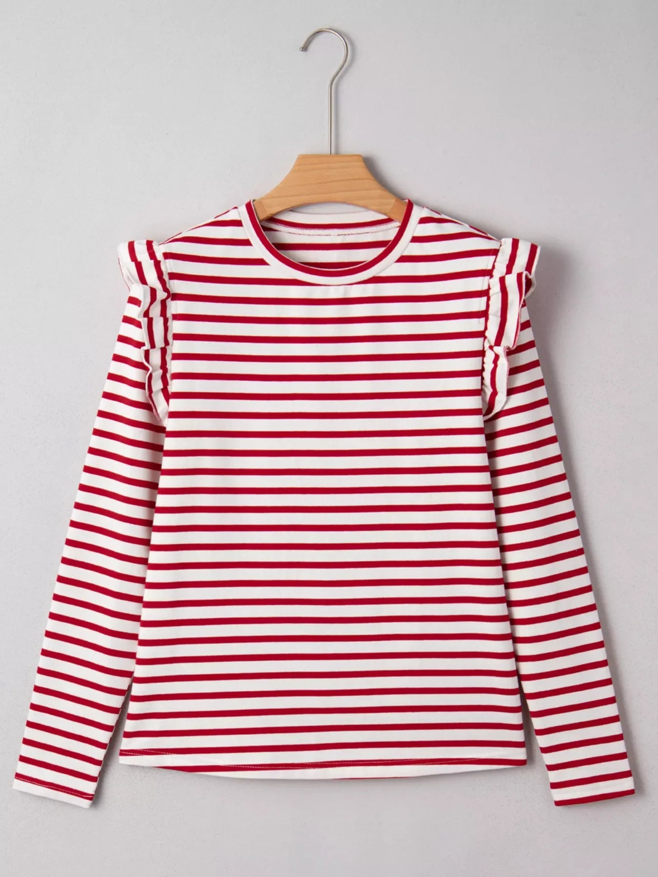 Stripe Round Neck Ruffle Trim Long Sleeve Top
