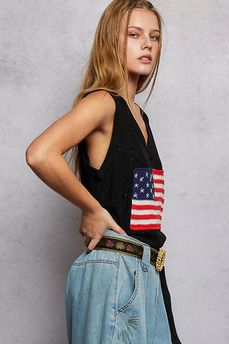POL V-Neck Ribbed Tank with American Flag Patch and Star Back Patch