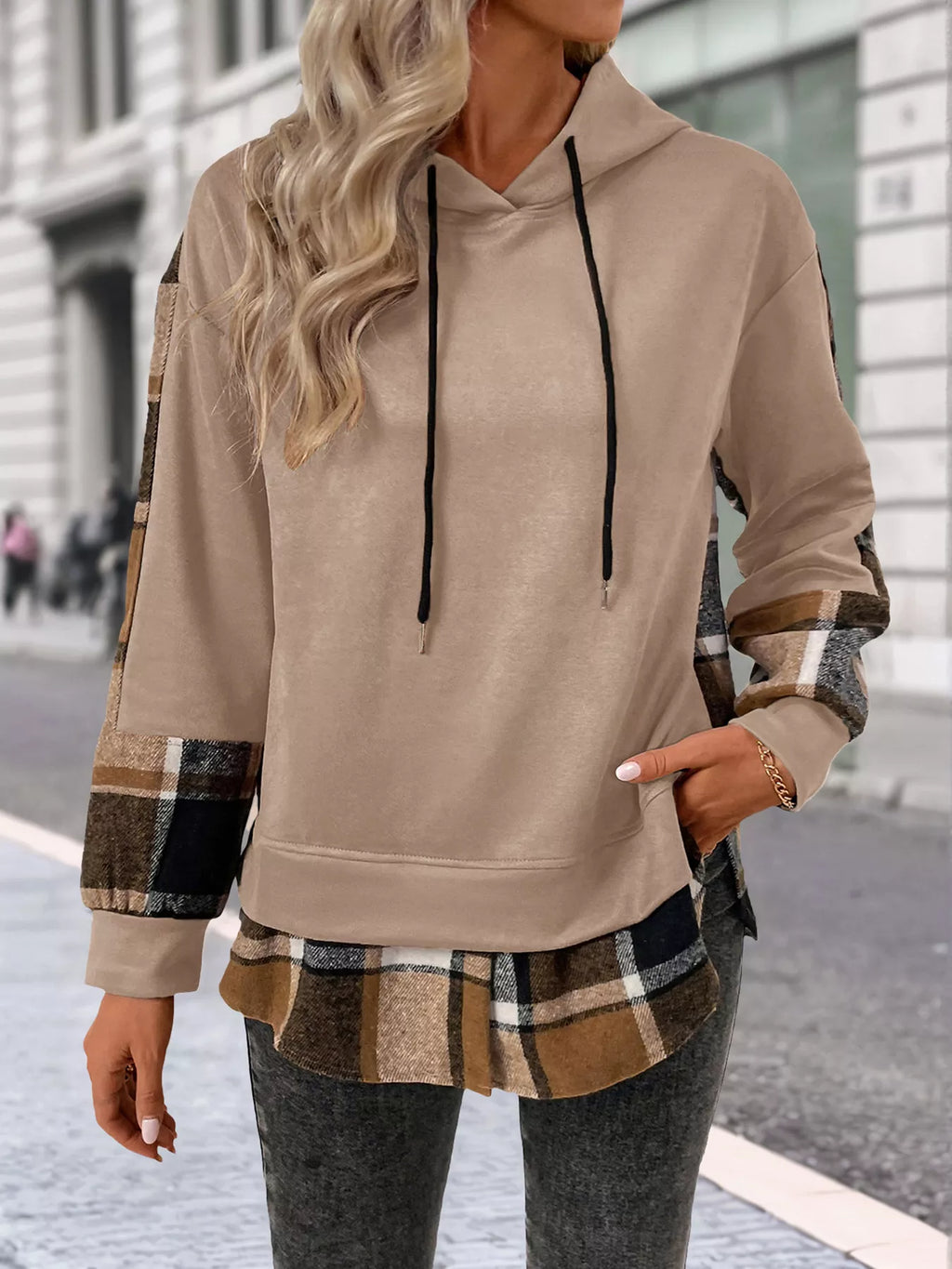 Plaid Drawstring Long Sleeve Hoodie
