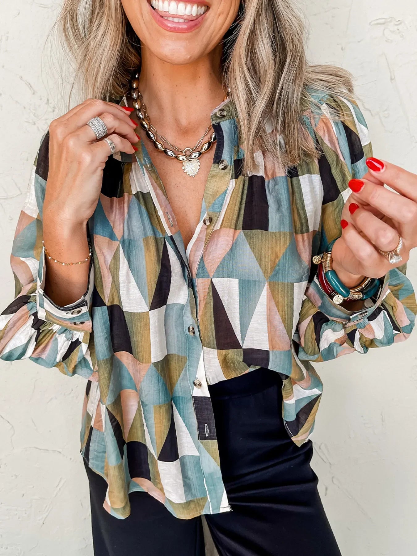 Geometric Print Buttoned Balloon Sleeve Loose Fit Shirt