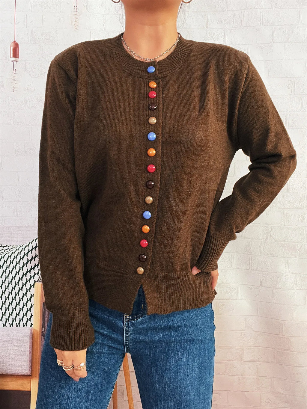 Button-Front Cardigan with Colorful Detail Buttons