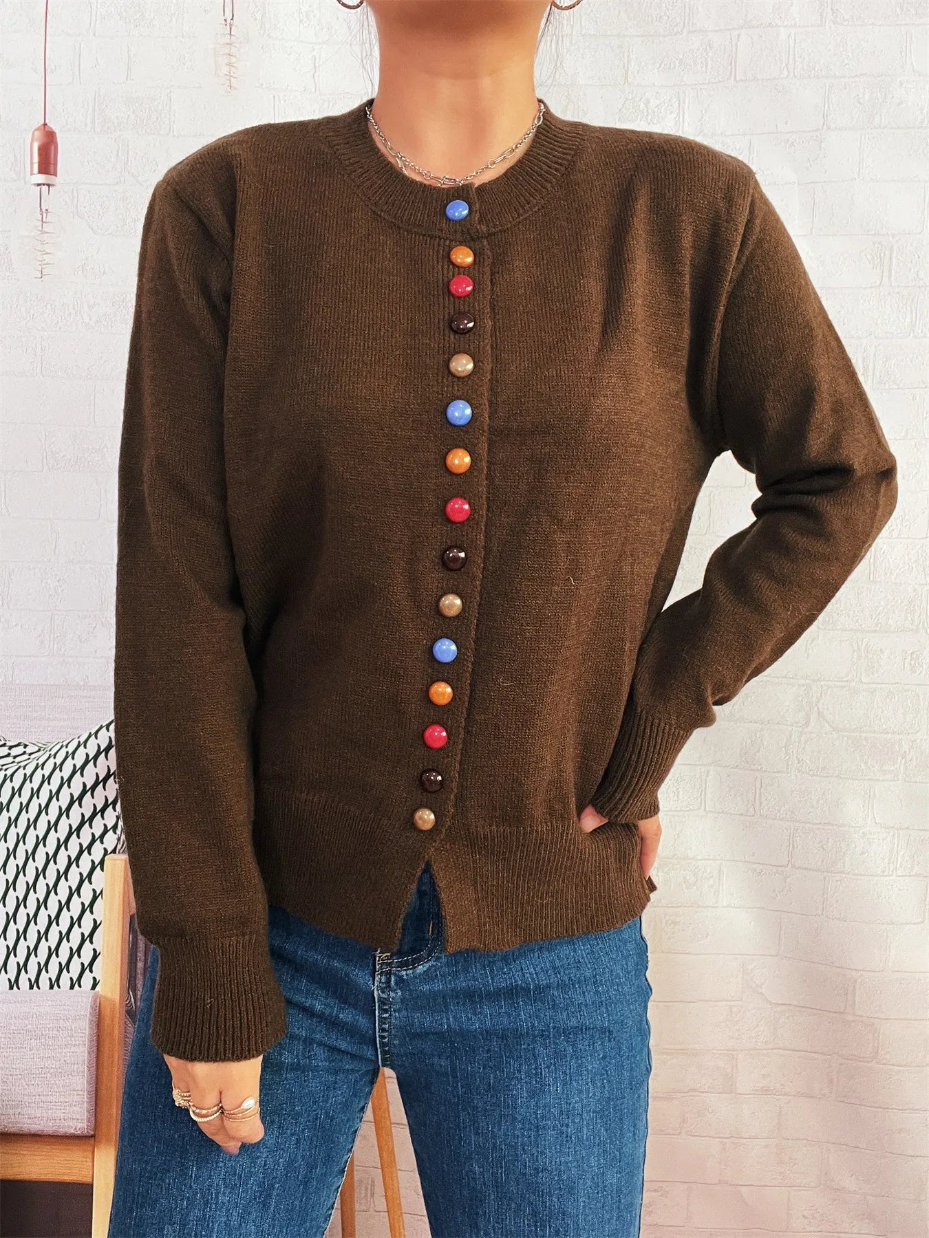 Button-Front Cardigan with Colorful Detail Buttons