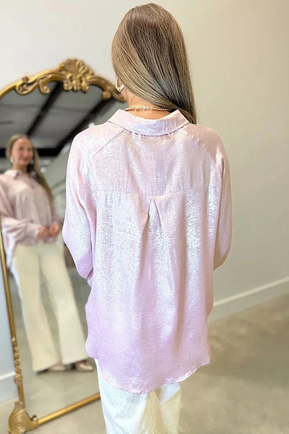 Long Sleeve Button Front Ruffle Cuffs Back Paneling Shirt