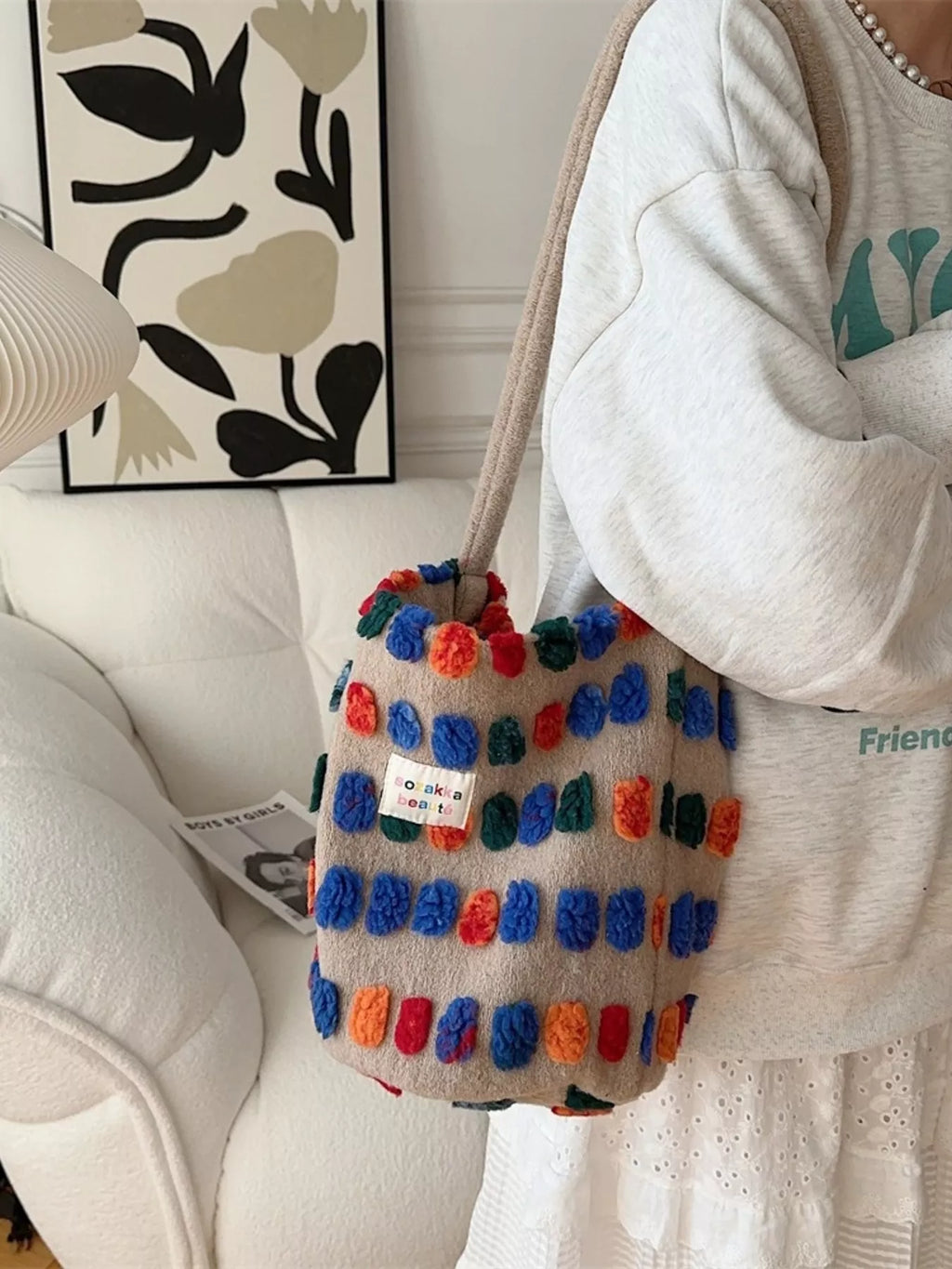 Colorful Pom-Pom Plush Crossbody Bag