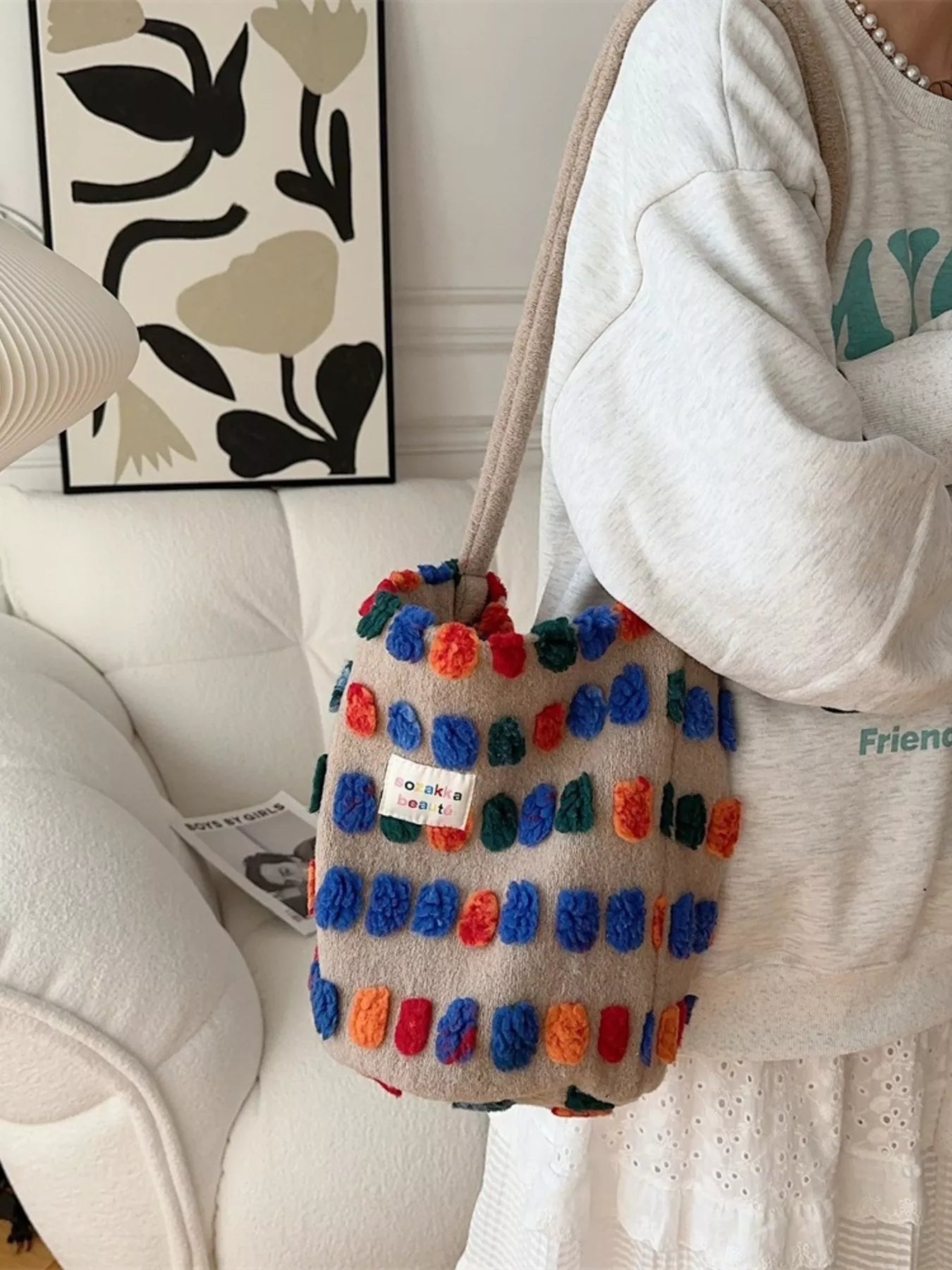 Colorful Pom-Pom Plush Crossbody Bag