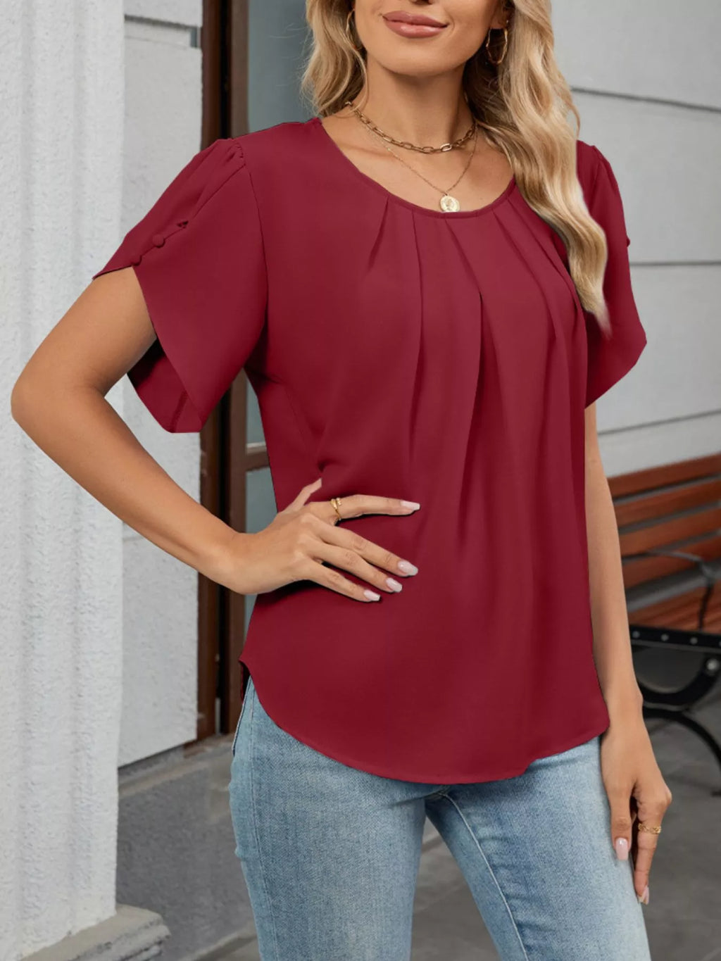 Elegant Pleated Flowy Short Sleeve Blouse