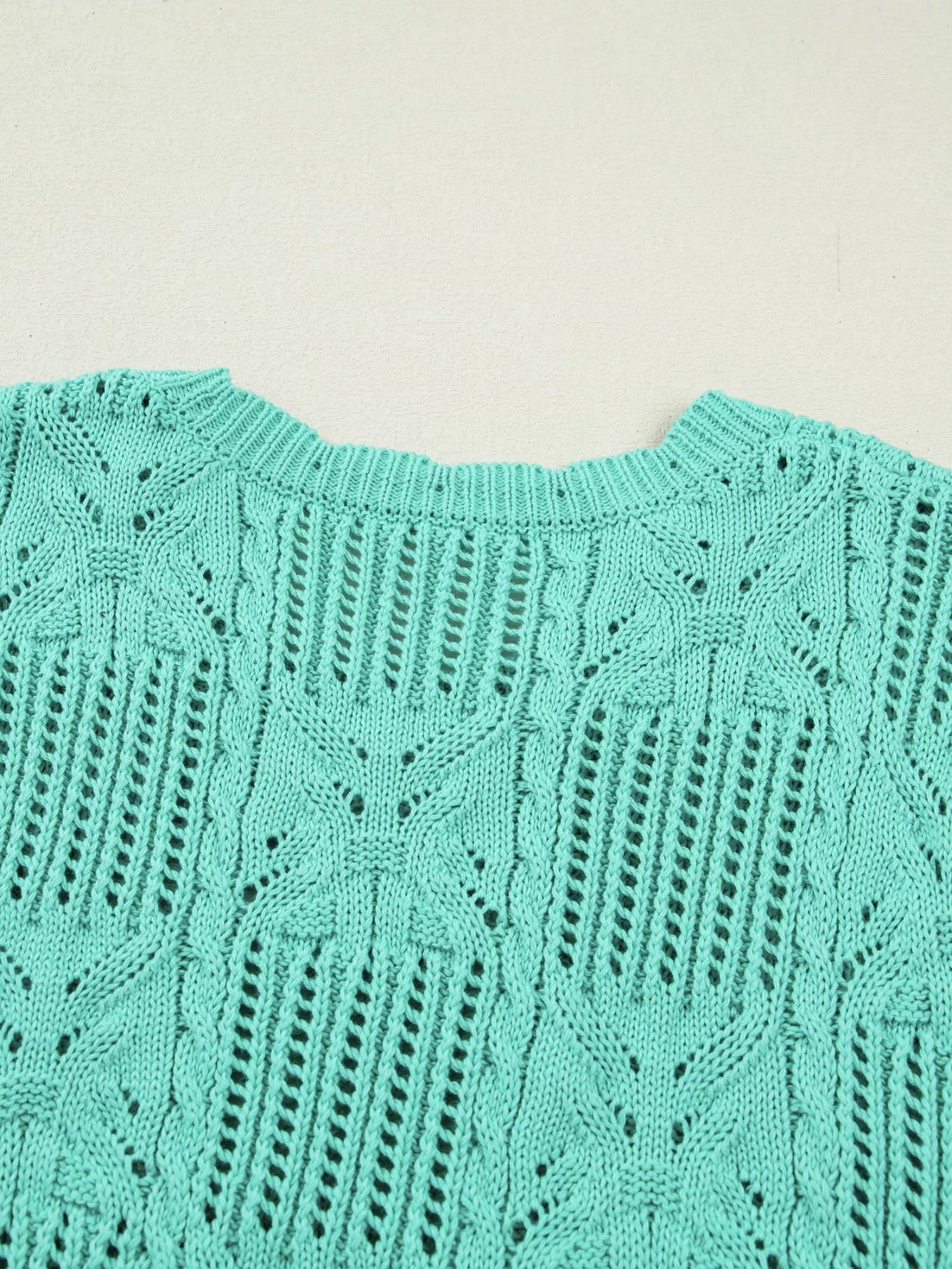 Pointelle Knit Patterned Scalloped Trim Short Sleeve Sweater